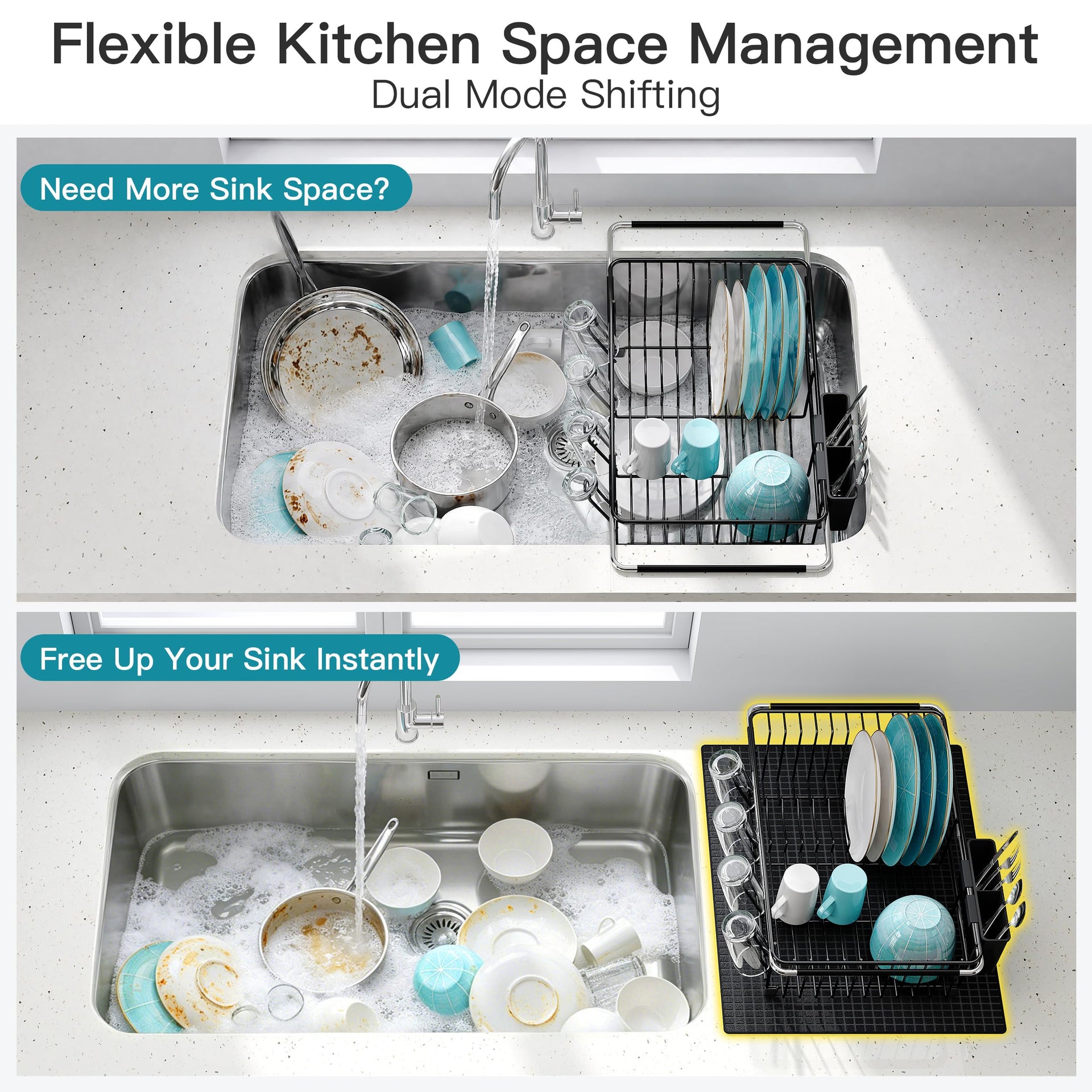 Black Dish Drying Rack in Sink with Mat