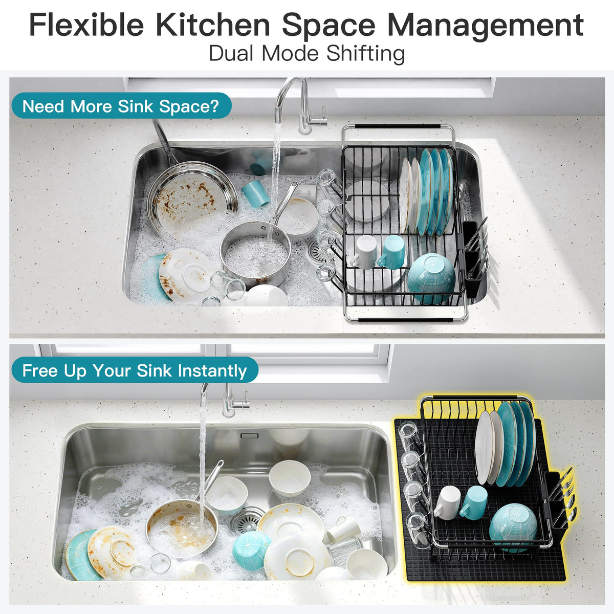 Black Dish Drying Rack in Sink with Mat