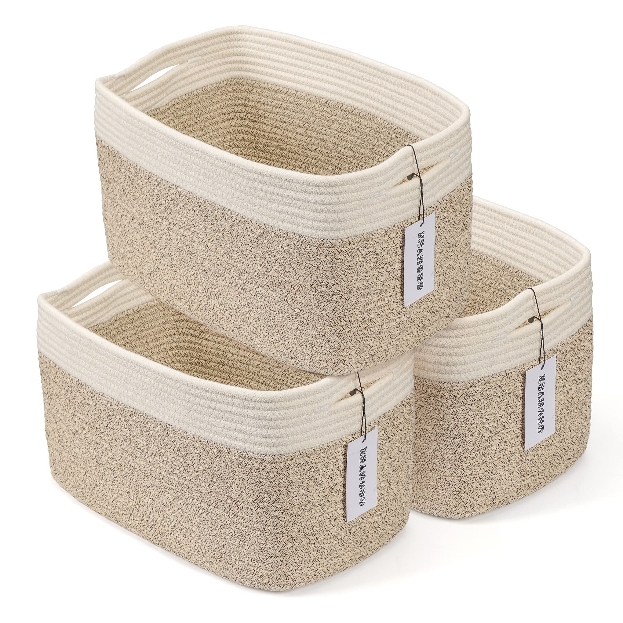 Woven Cotton Rope Storage Baskets 15x10x9.3" 3 Pack White and Brown