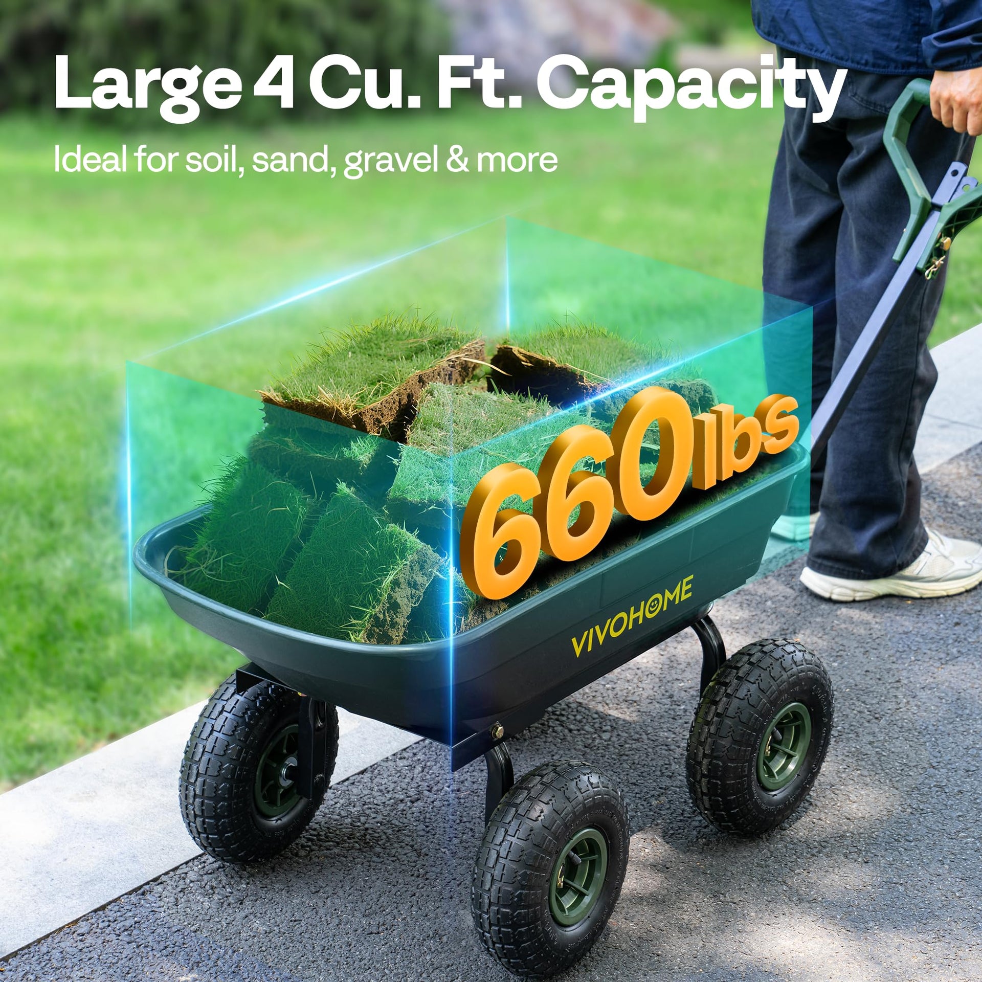 660lbs Wheelbarrow Dump Garden Cart with 2