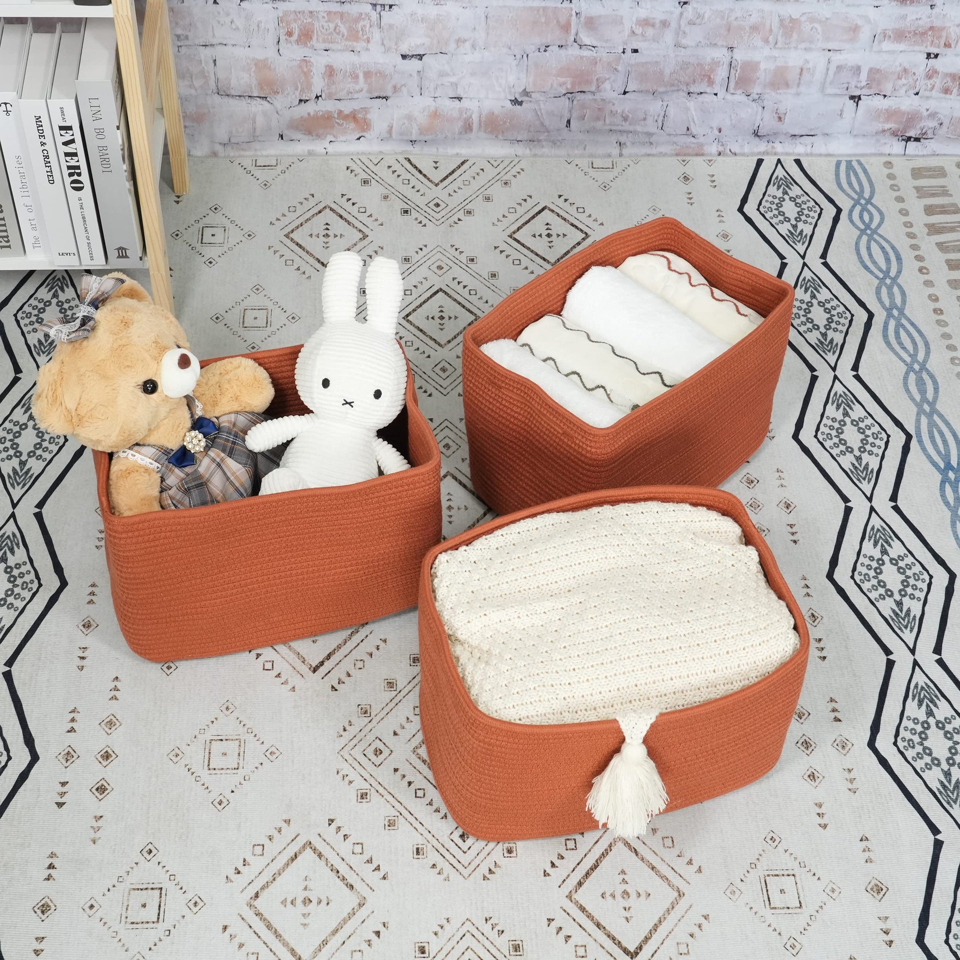 Woven Cotton Rope Storage Baskets 15x10x9.3" 3 Pack Rust