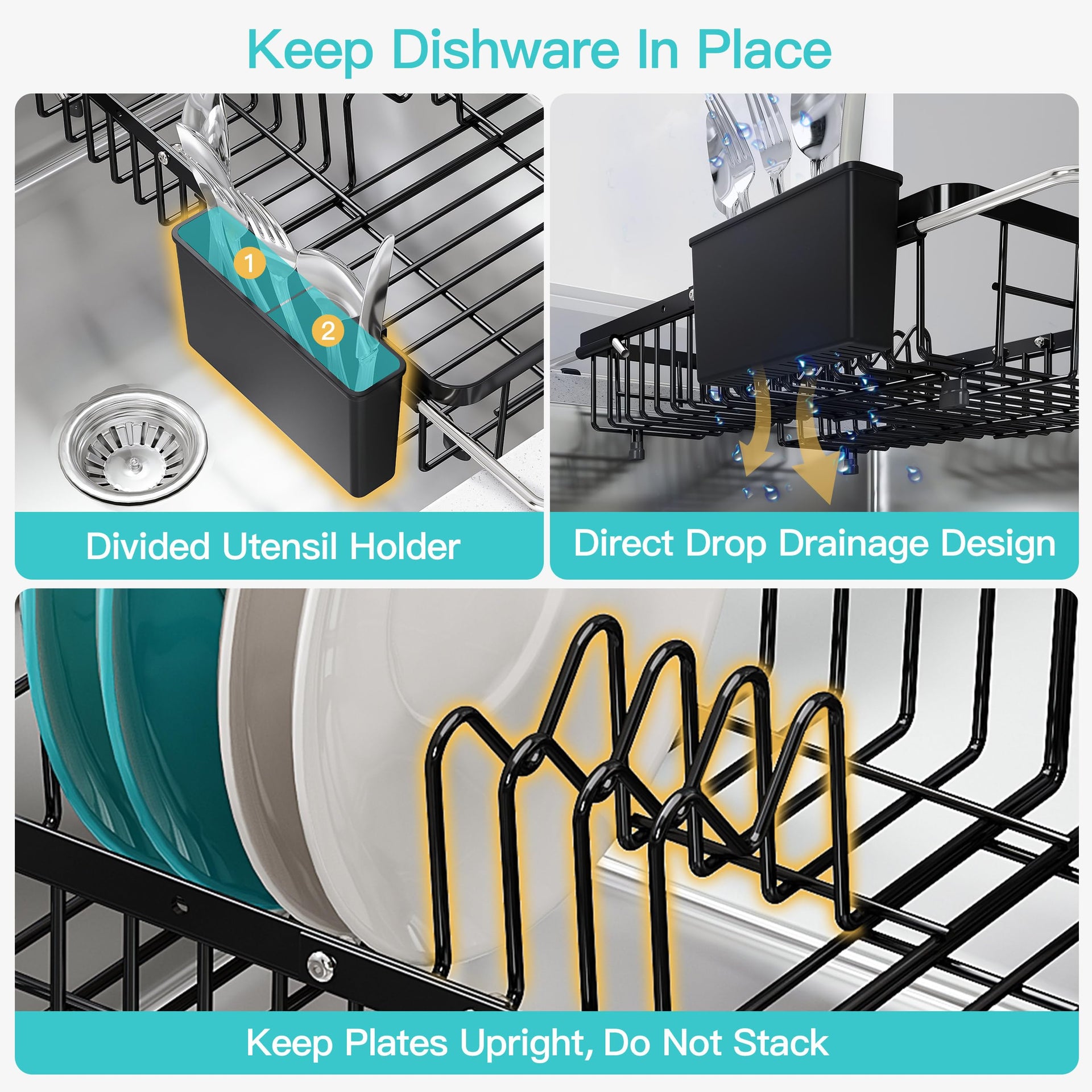 Black Dish Drying Rack Over the Sink with Utensil Holder