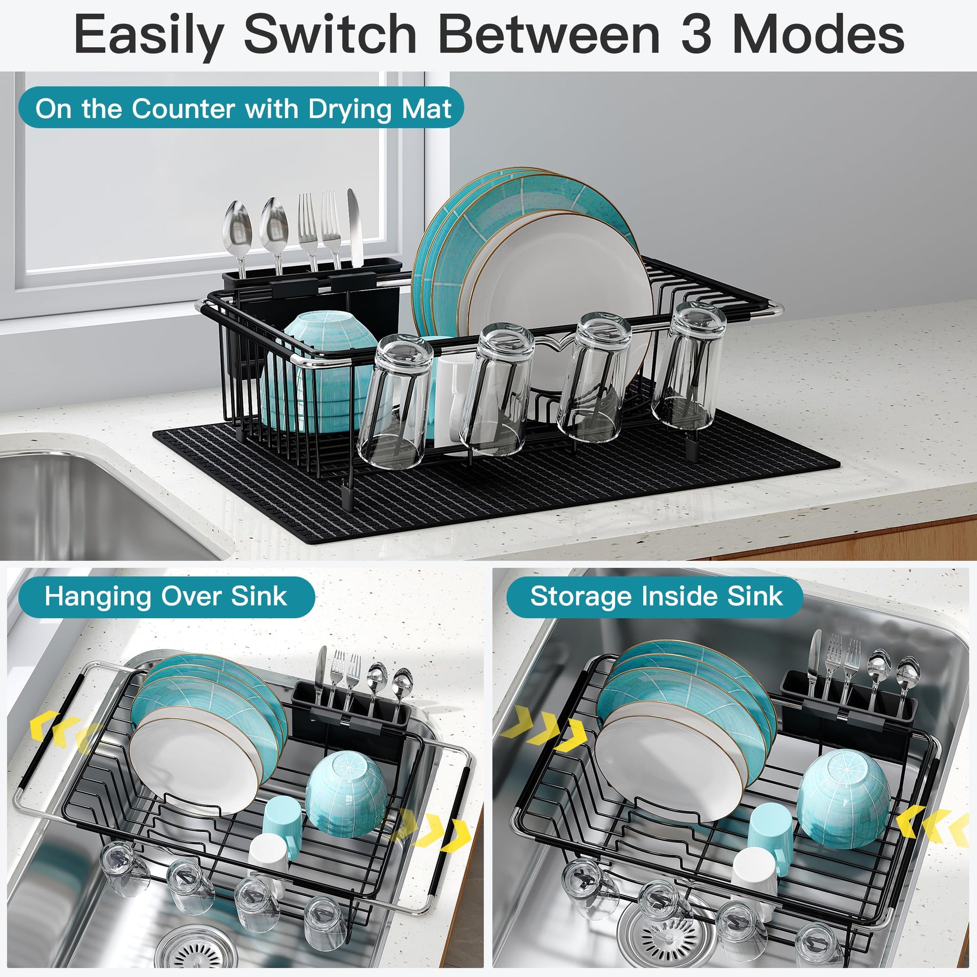 Black Dish Drying Rack in Sink with Mat
