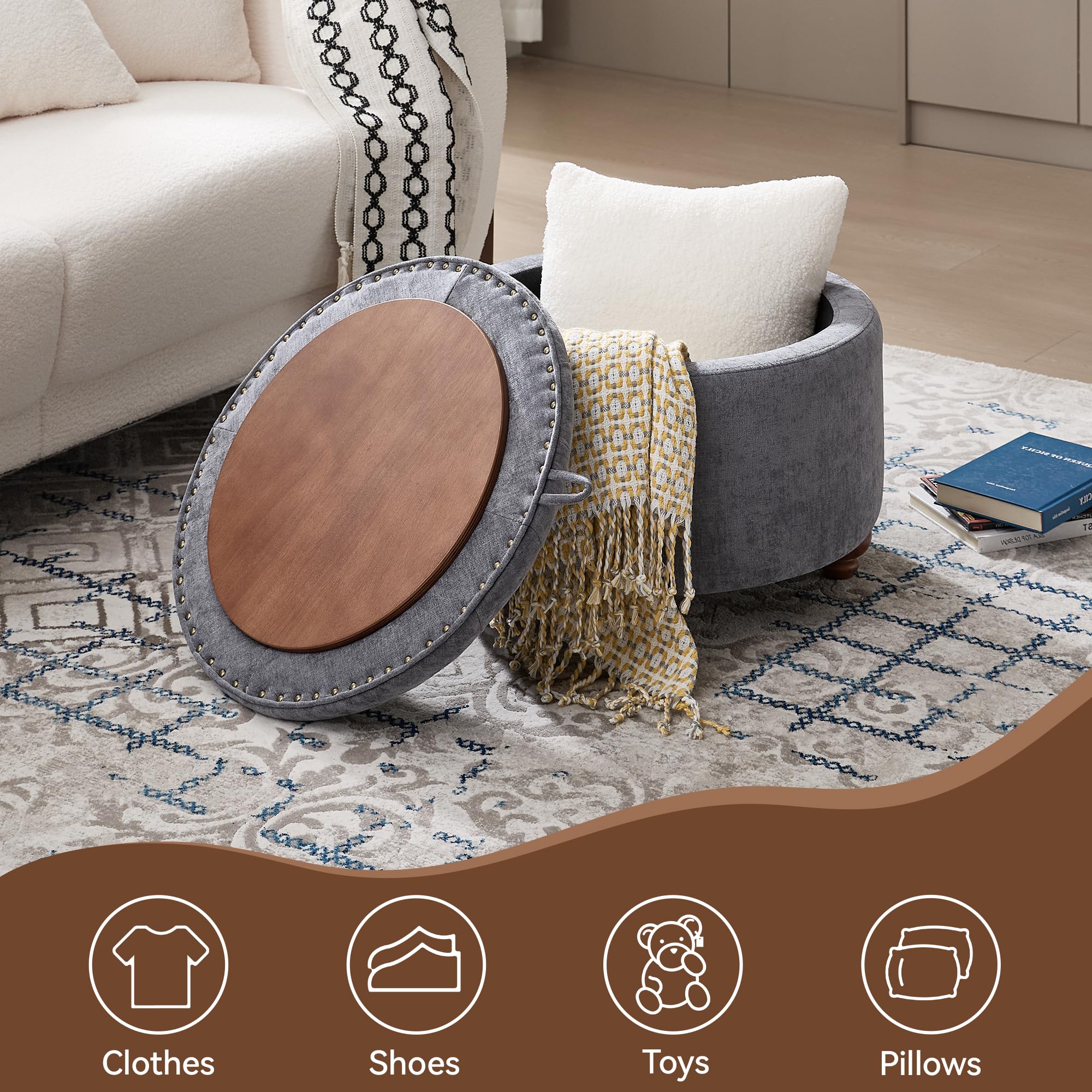 24Inch Round Storage Ottoman with Tray