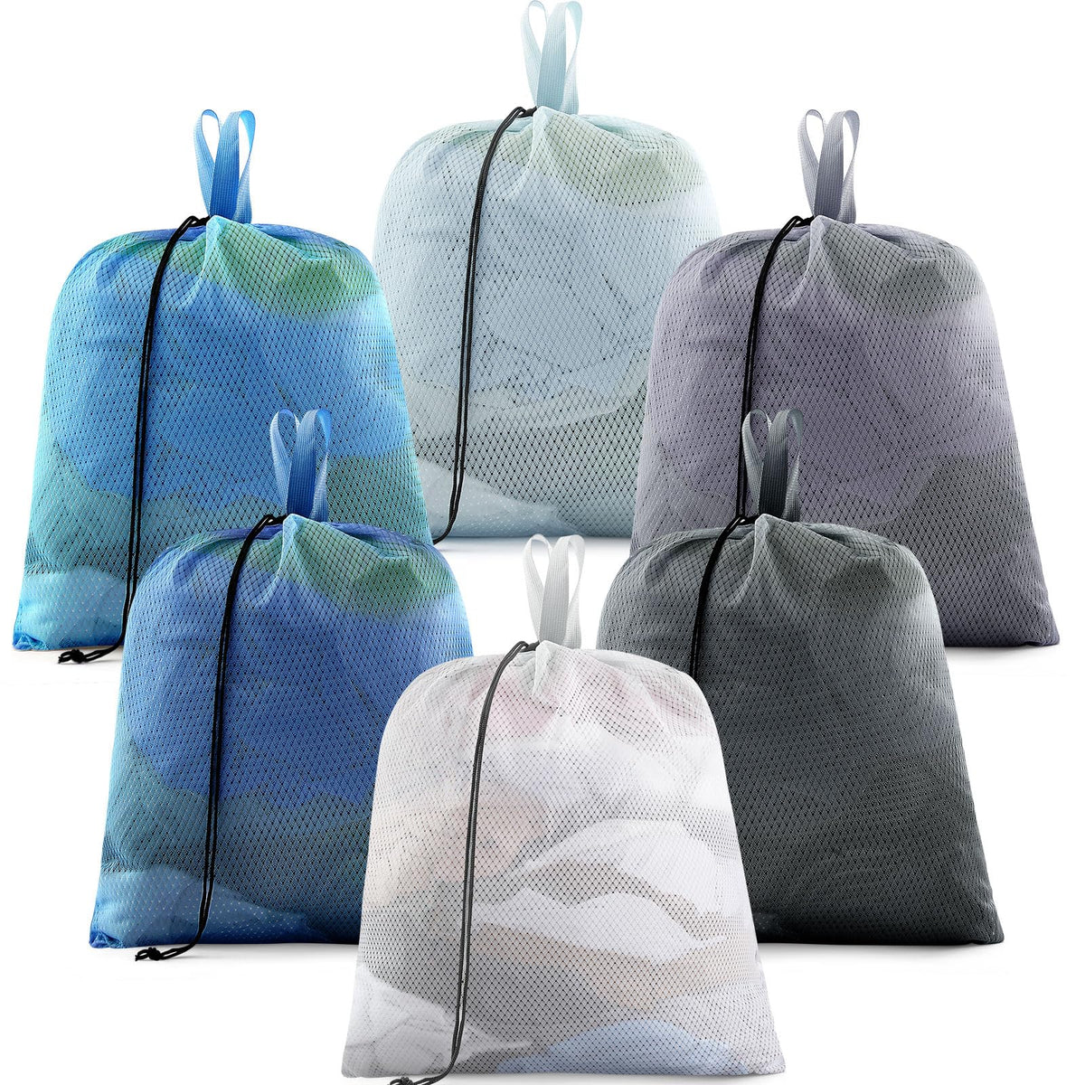 6 Pack 20 x 17 Inches Blue Soft Mesh Laundry Bag with Handles Machine Washable Secure Drawstring Closure Large Sturdy Mesh Net Laundry for College Travel Dorm Laundromat (6 Count)