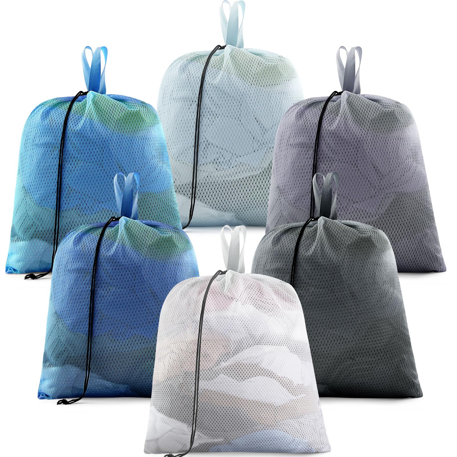 6 Pack 20 x 17 Inches Blue Soft Mesh Laundry Bag with Handles Machine Washable Secure Drawstring Closure Large Sturdy Mesh Net Laundry for College Travel Dorm Laundromat (6 Count)