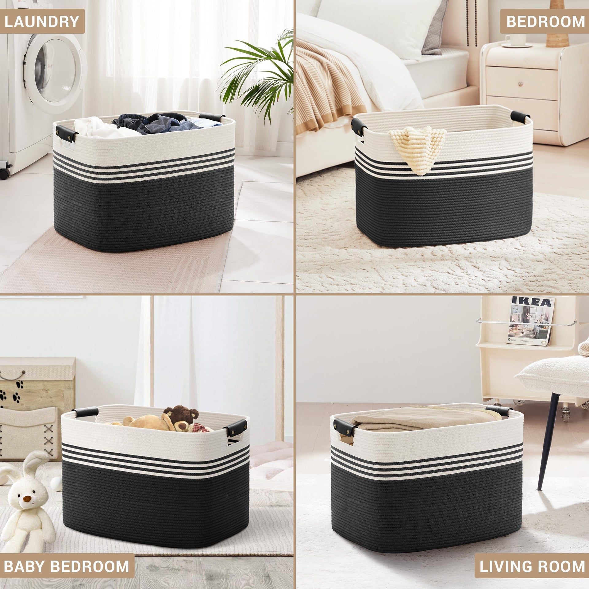 100L Large Woven Laundry Basket Hamper with Leather Handles