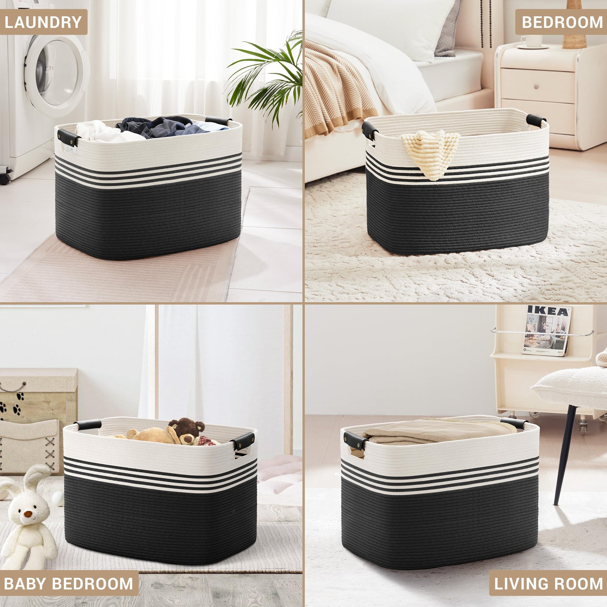 100L Large Woven Laundry Basket Hamper with Leather Handles