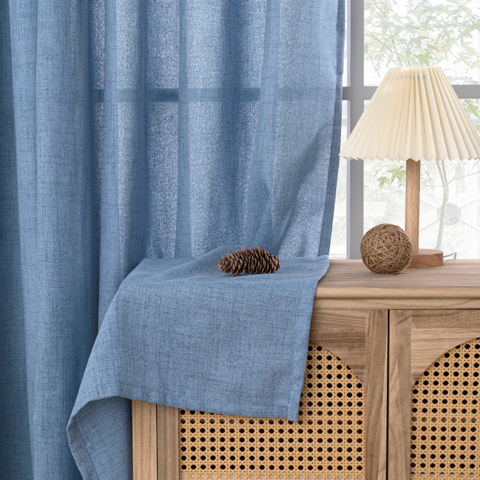 Denim Blue Linen Curtains 40 Inch Length for Bathroom Window (2 Count)