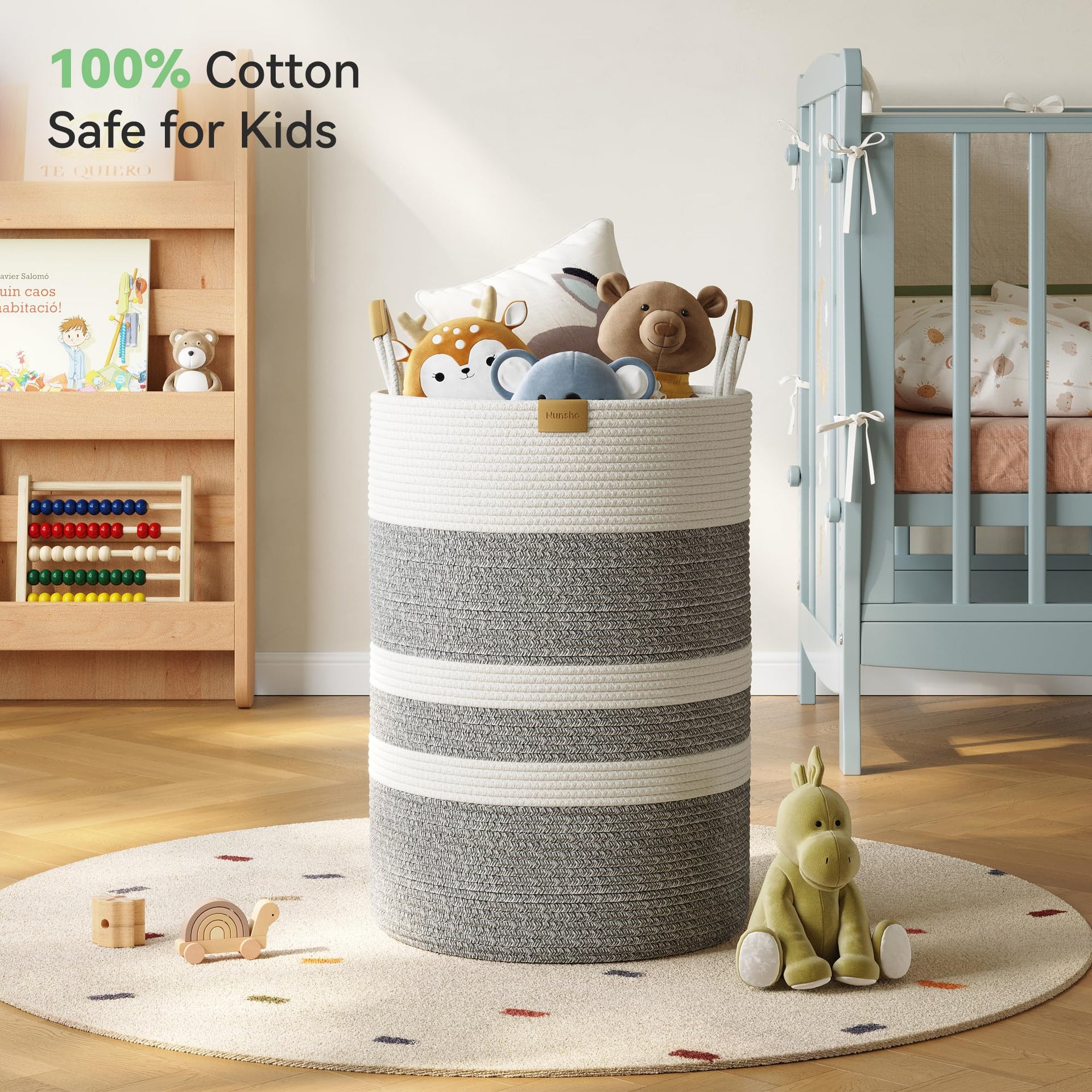 95L Striped Laundry Hamper with Leather Handles
