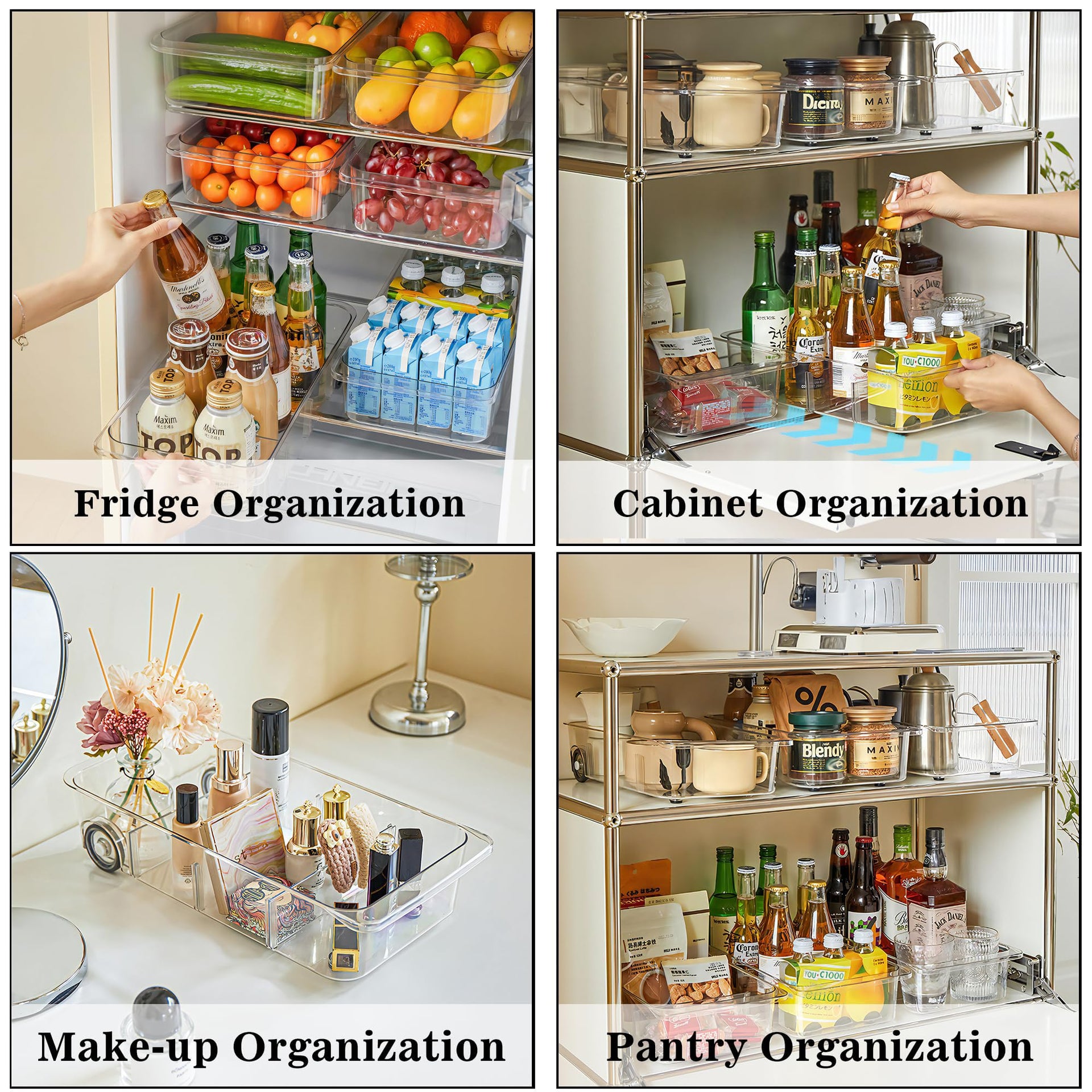 2Pack Roll Out Fridge Caddy Bins Pull Out Drawer with Wheels Refrigerator Organizer Bins with Handles Divided Fruit Caddy for Fridge Pantry Cabinet Storage Cans Drinks