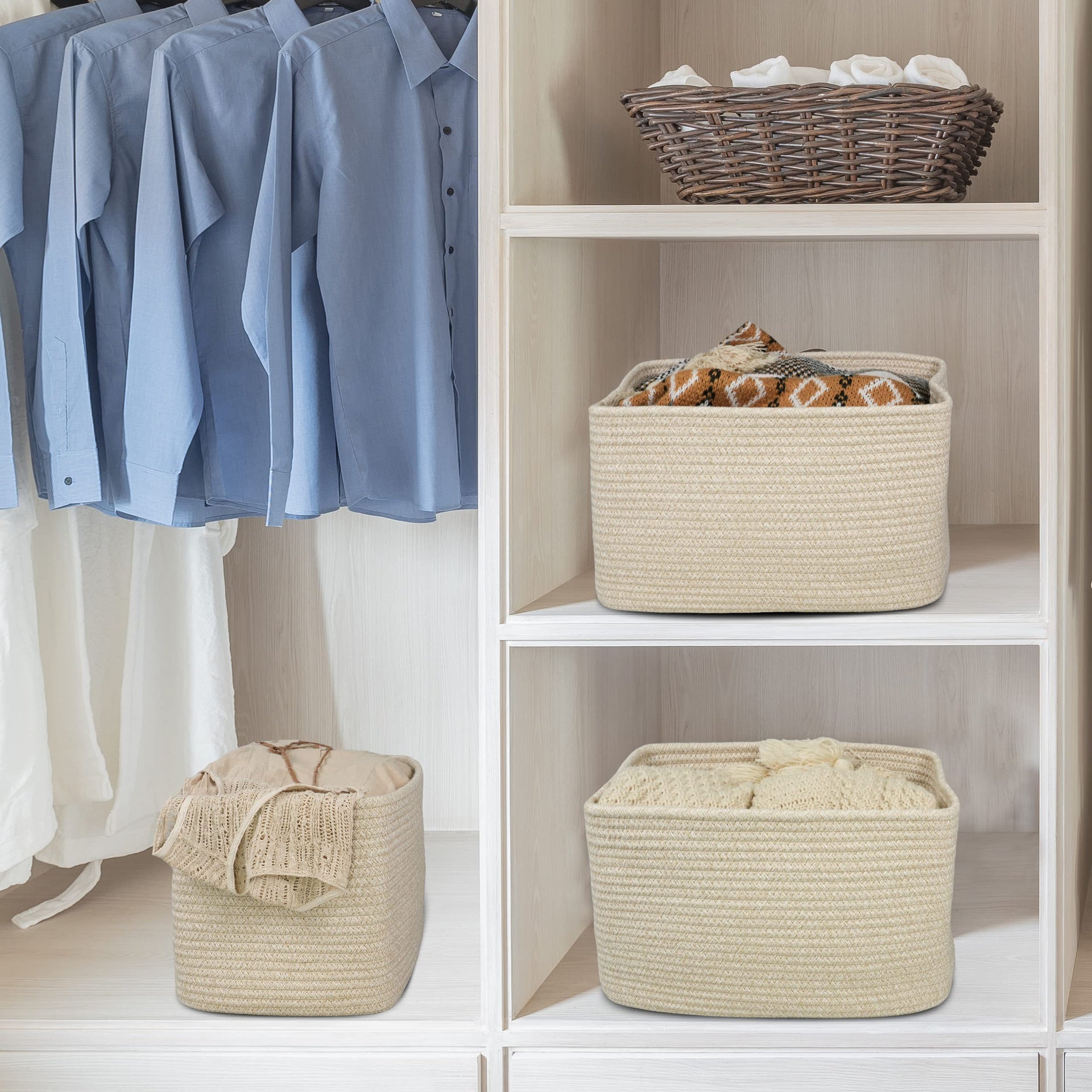 Woven Cotton Rope Storage Baskets 15x10x9.3" 3 Pack Oatmeal