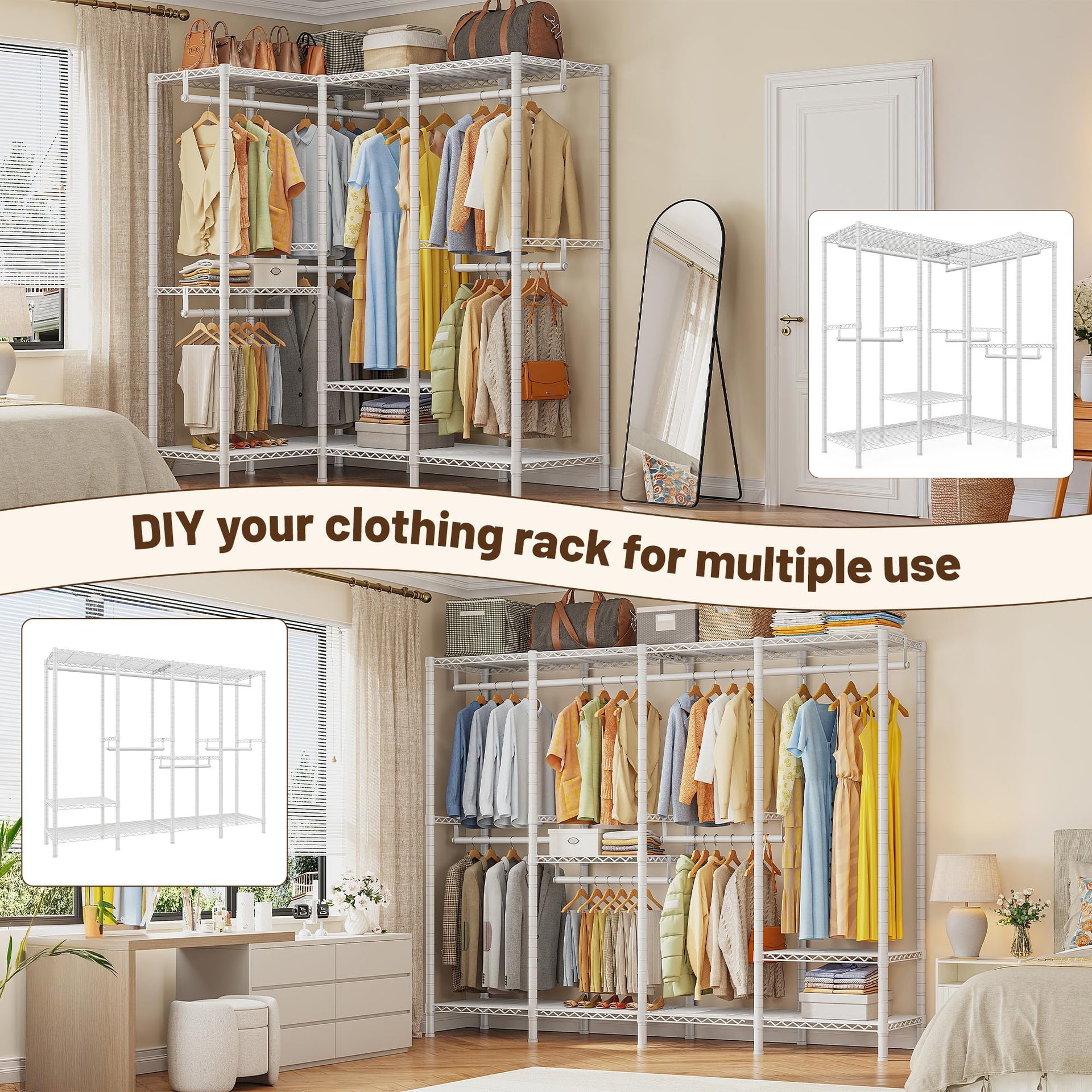 76.9" H Clothes Rack Heavy Duty Loads 1100 LBS Metal Clothing Racks for Hanging Clothes Adjustable Garment Rack White