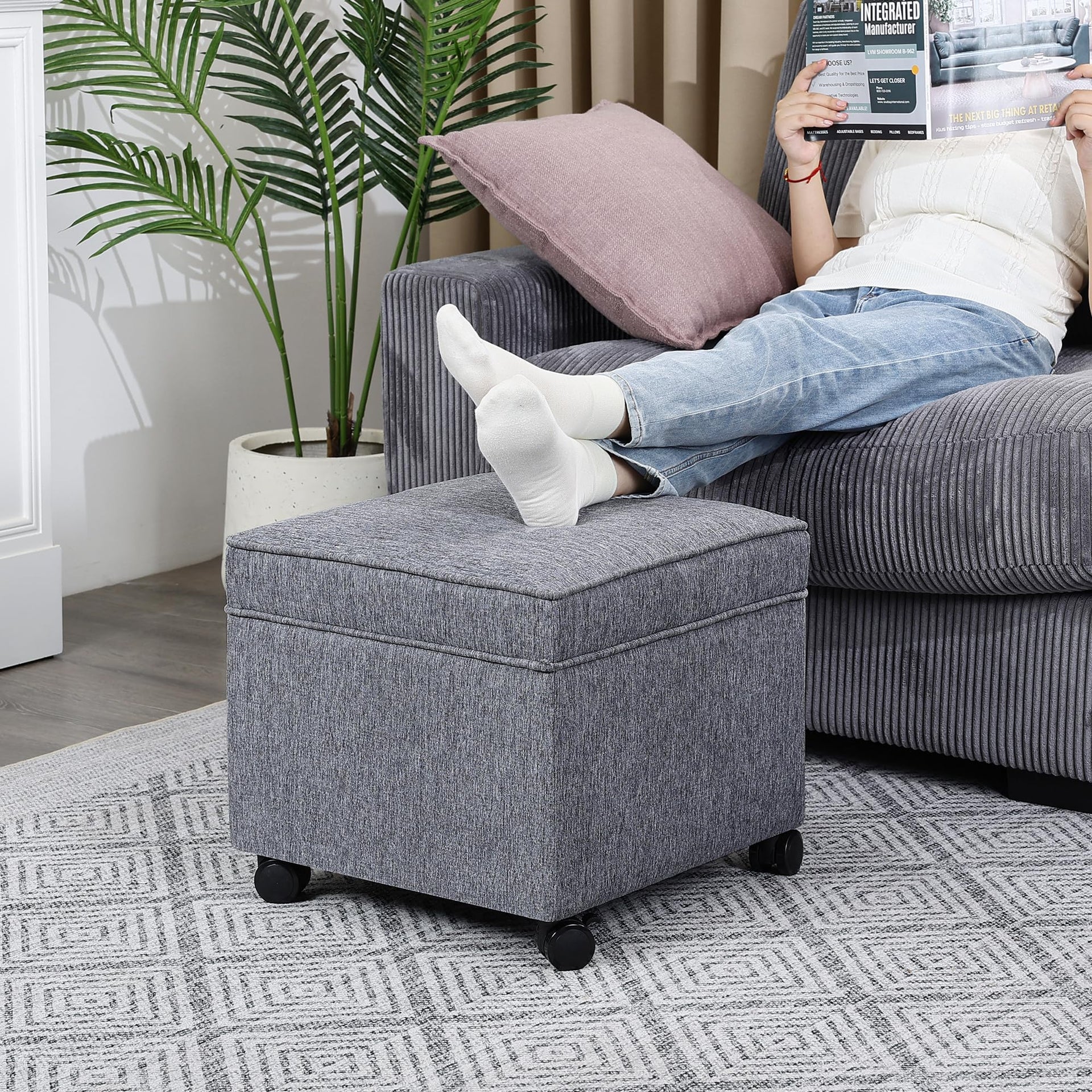 17.5 Inch Square Storage Ottoman with Wheels