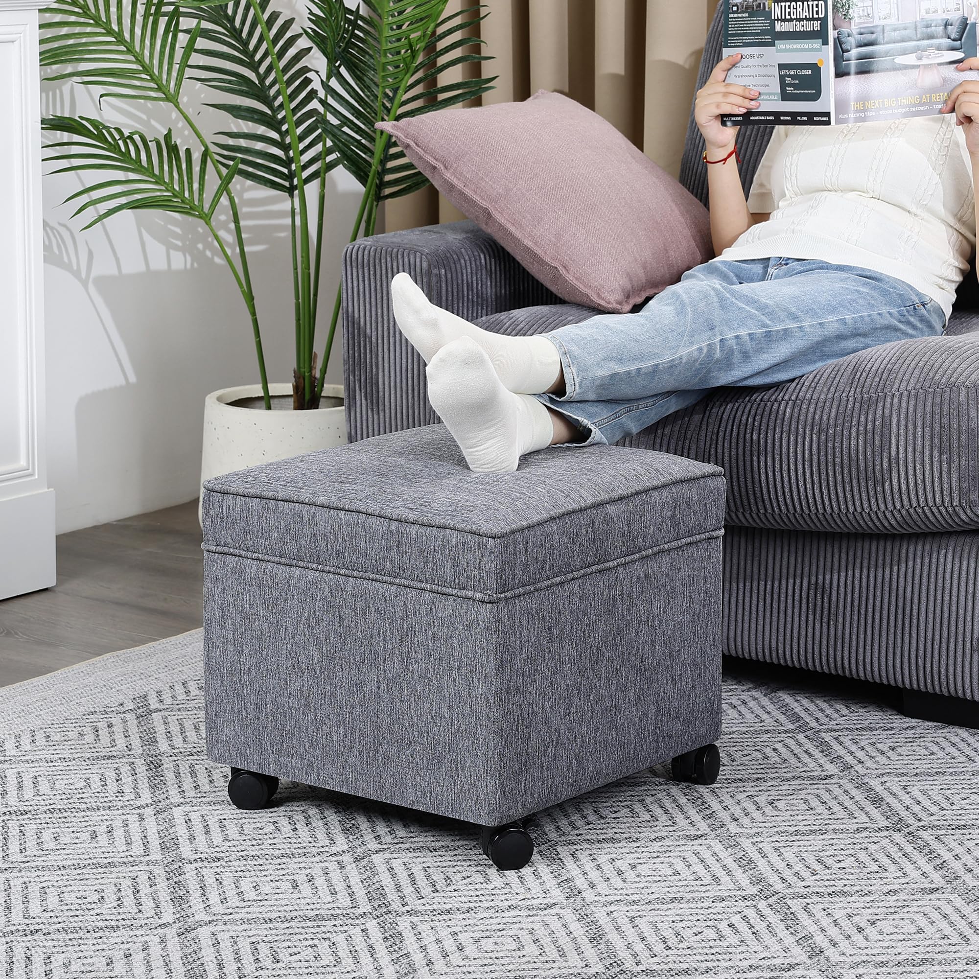 17.5 Inch Square Storage Ottoman with Wheels