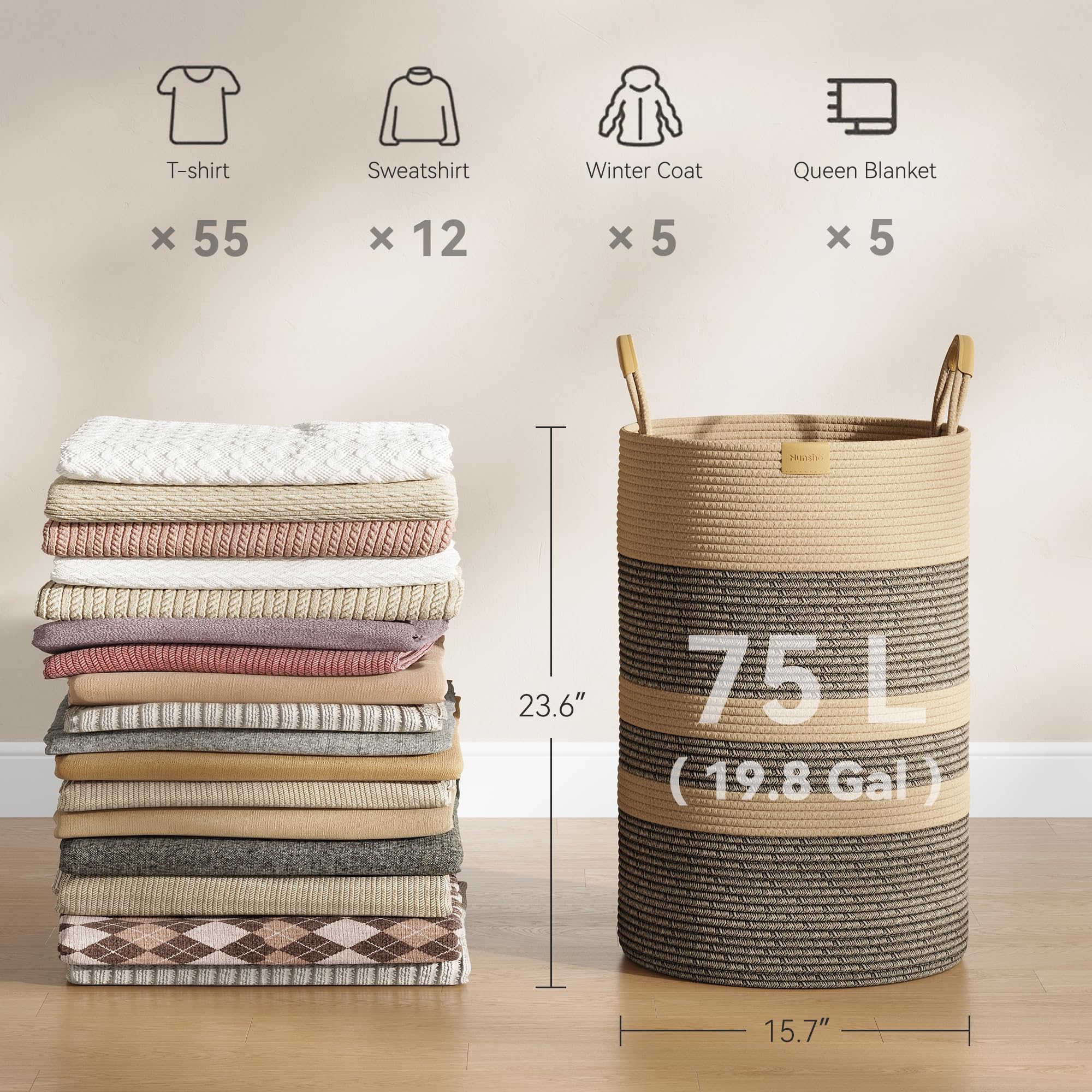 75L Striped Laundry Hamper with Leather Handles