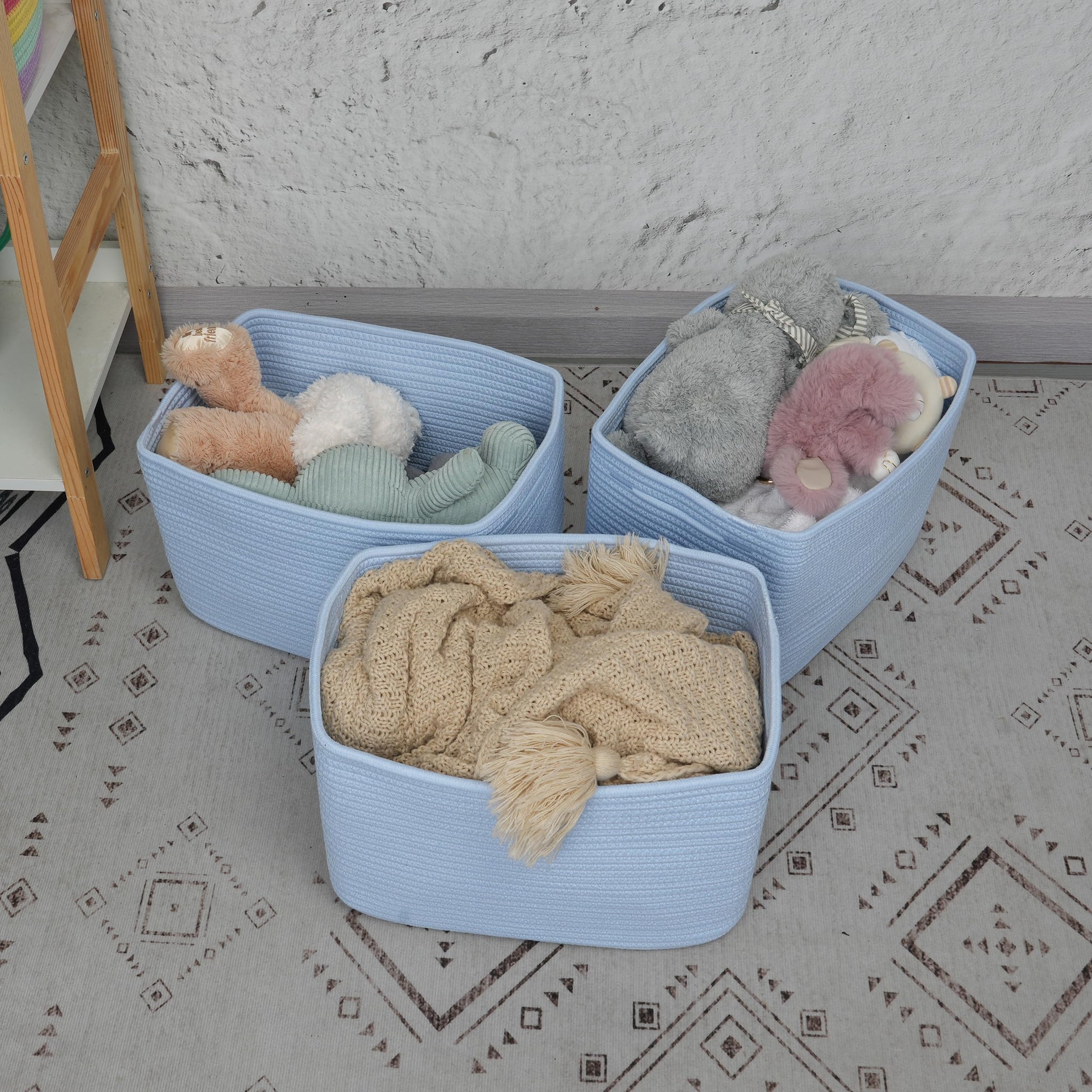 Woven Cotton Rope Storage Baskets 15x10x9.3" 3 Pack Light Blue