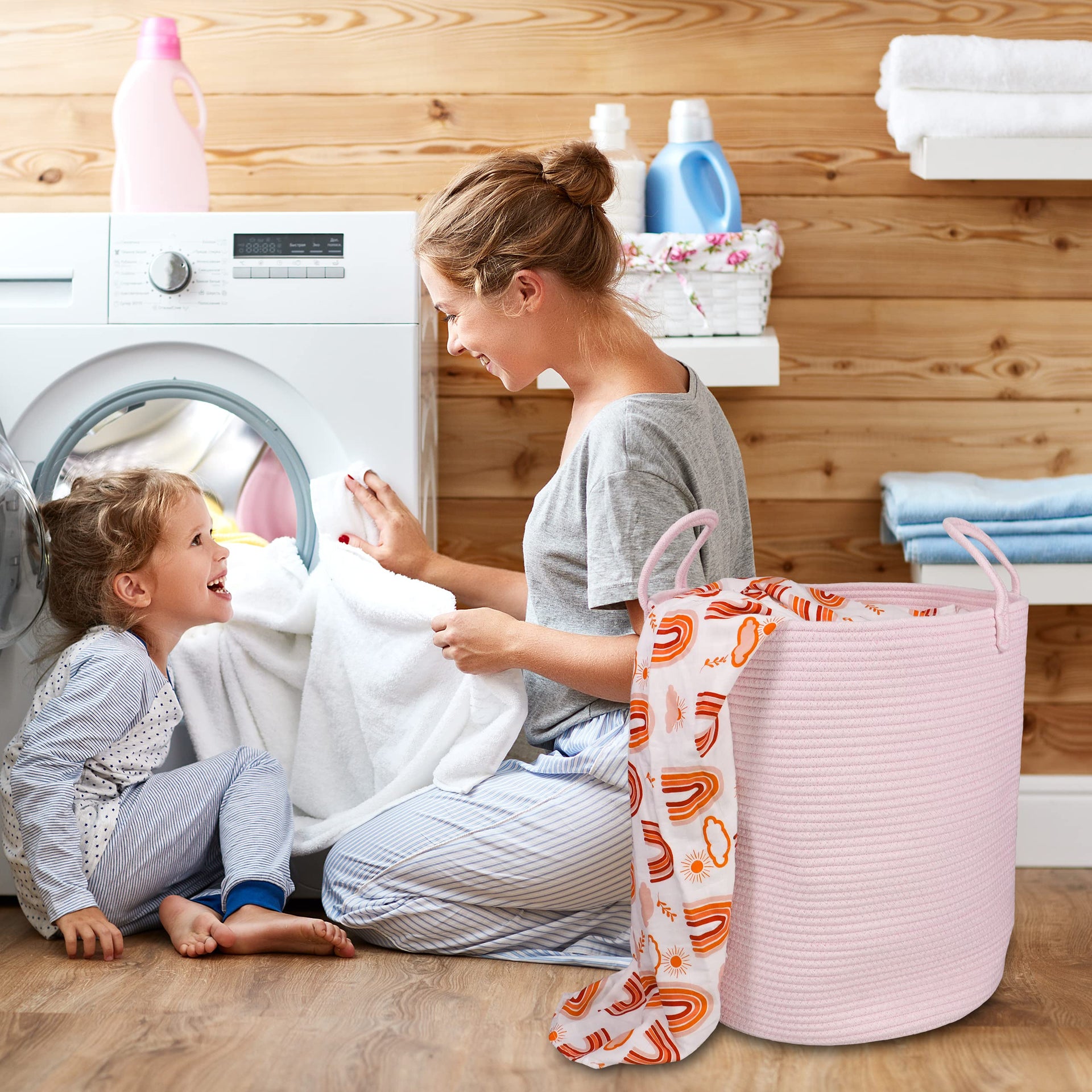 Cotton Rope Laundry Basket Hamper for Girls Kids Baby Nursery Pink