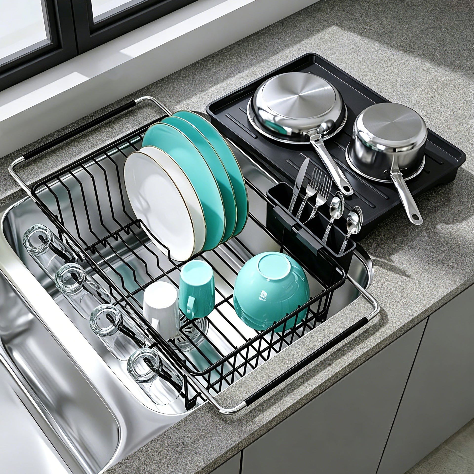 Black Dish Drying Rack in Sink with Drainboard and Utensil Holder