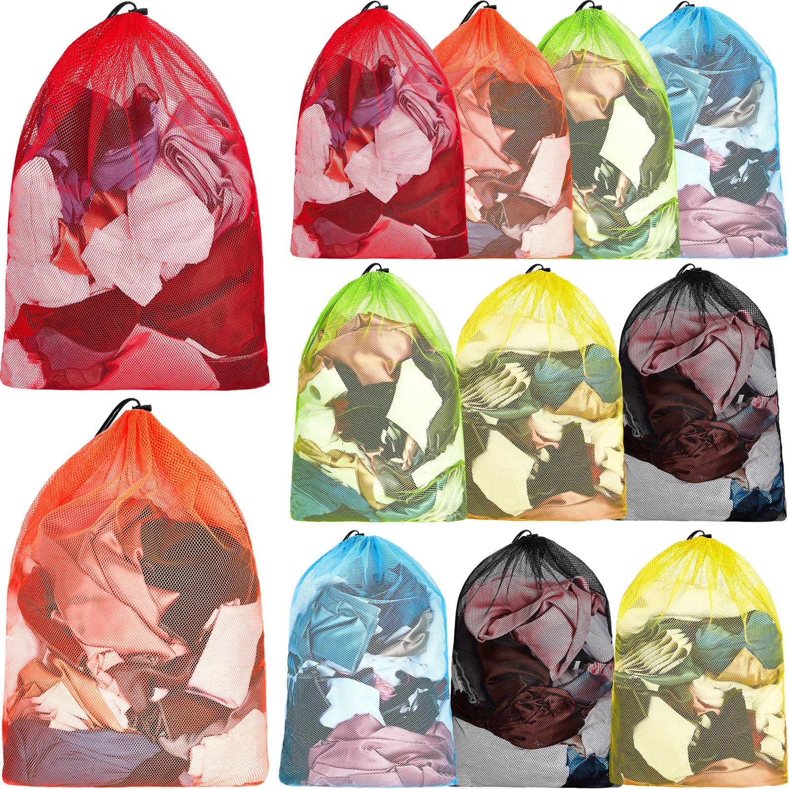 12 Pcs 32 x 24 in Large Laundry Bag Colorful Extra Large Mesh Laundry Bag Bulk with Drawstring Heavy Duty Mesh Machine Washable Drawstring Pouch for Clothing Classification Dorms (12 Count)