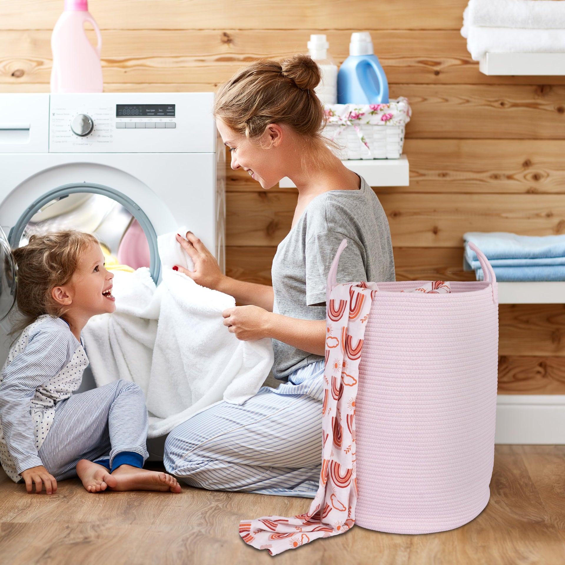 Cotton Rope Laundry Basket Hamper for Clothes Large Light Pink