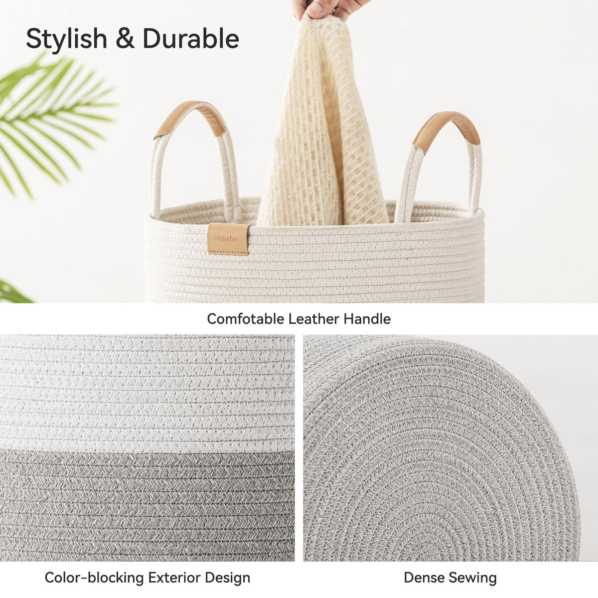 95L Striped Laundry Hamper with Leather Handles