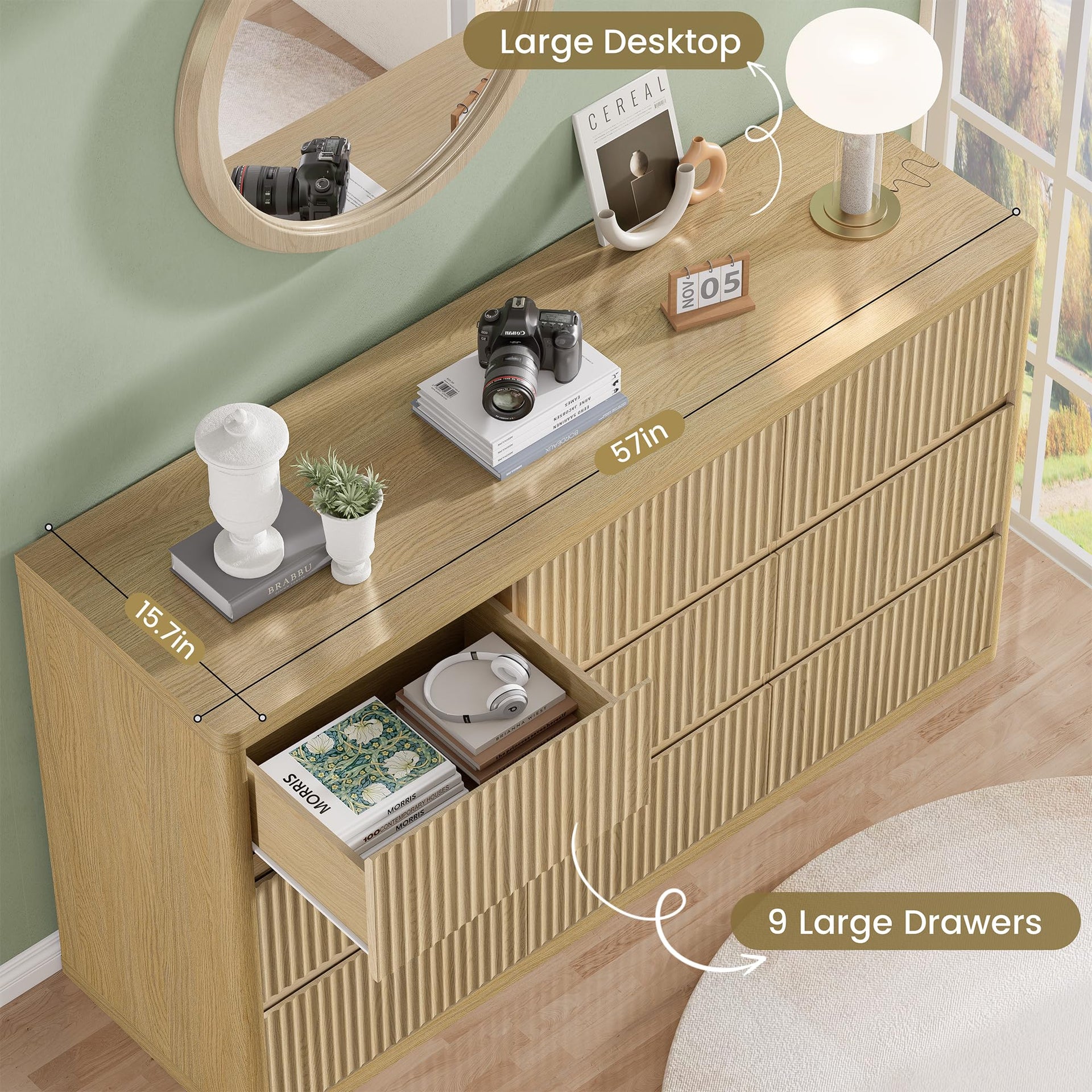 Fluted 9 Drawers Dresser