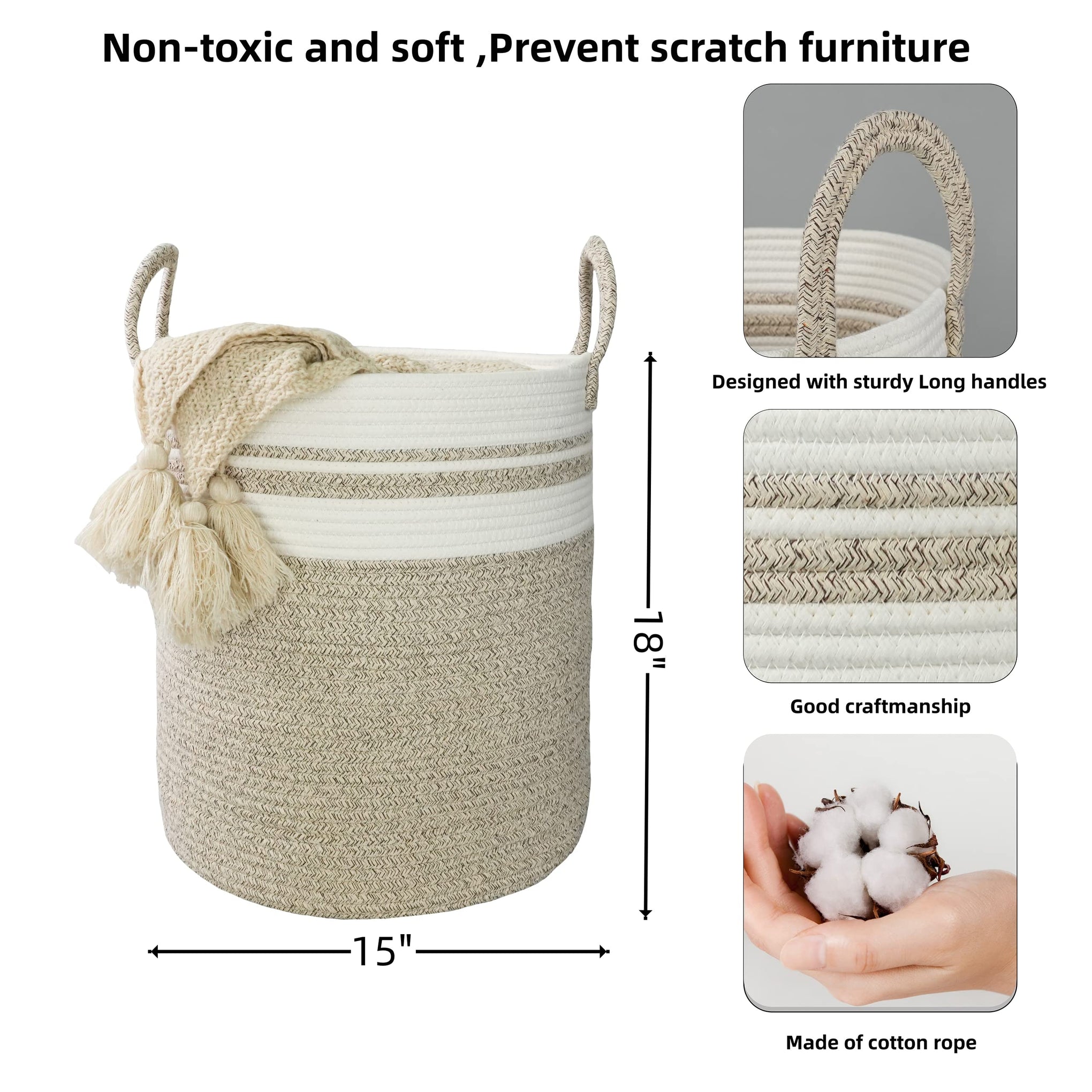 Cotton Rope Laundry Basket Hamper for Clothes Large Brown and White