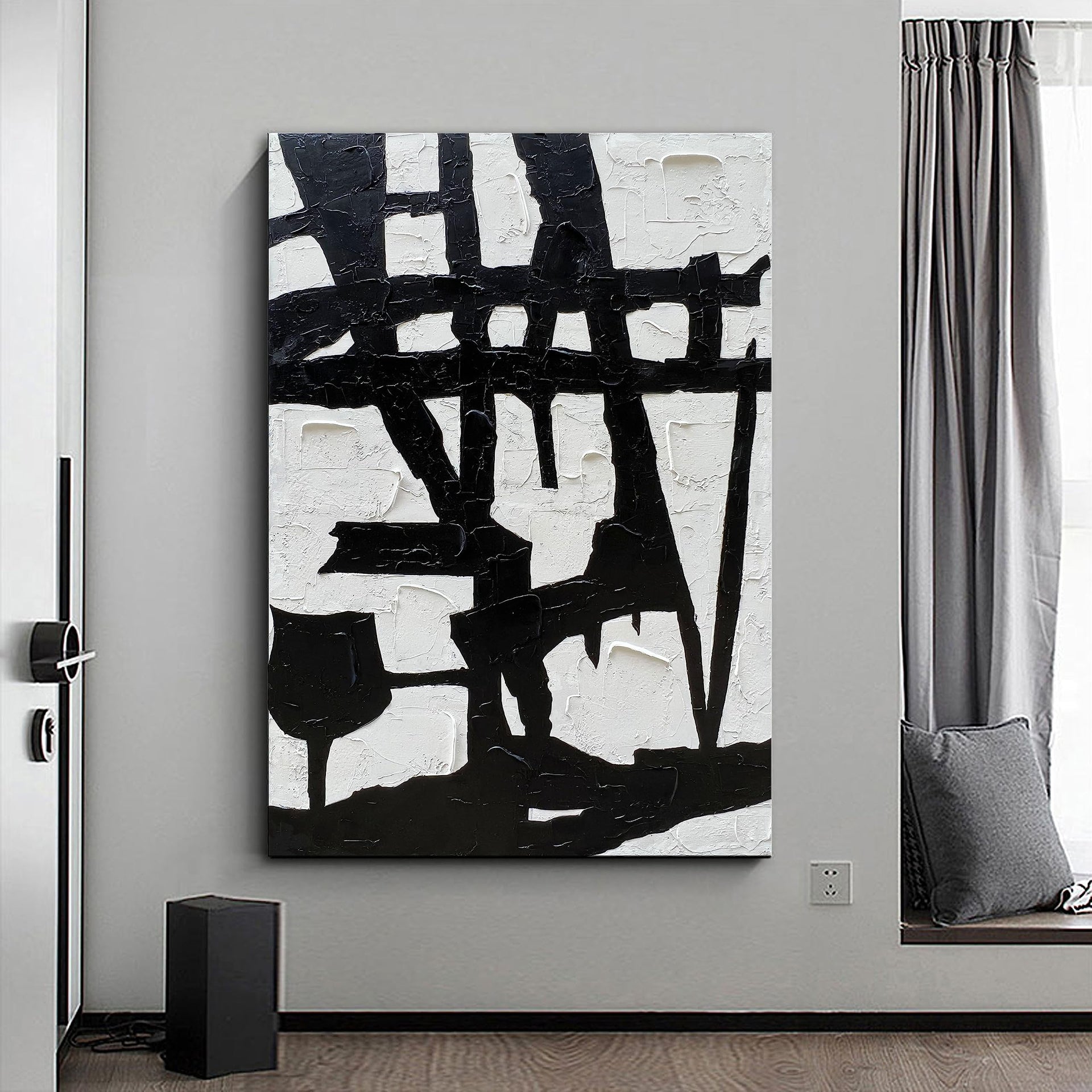 Hand Painted Black and White Wall Art Minimalist Black and White Abstract Painting Large Oil on Canvas Texture Wall Art 45x30 inches
