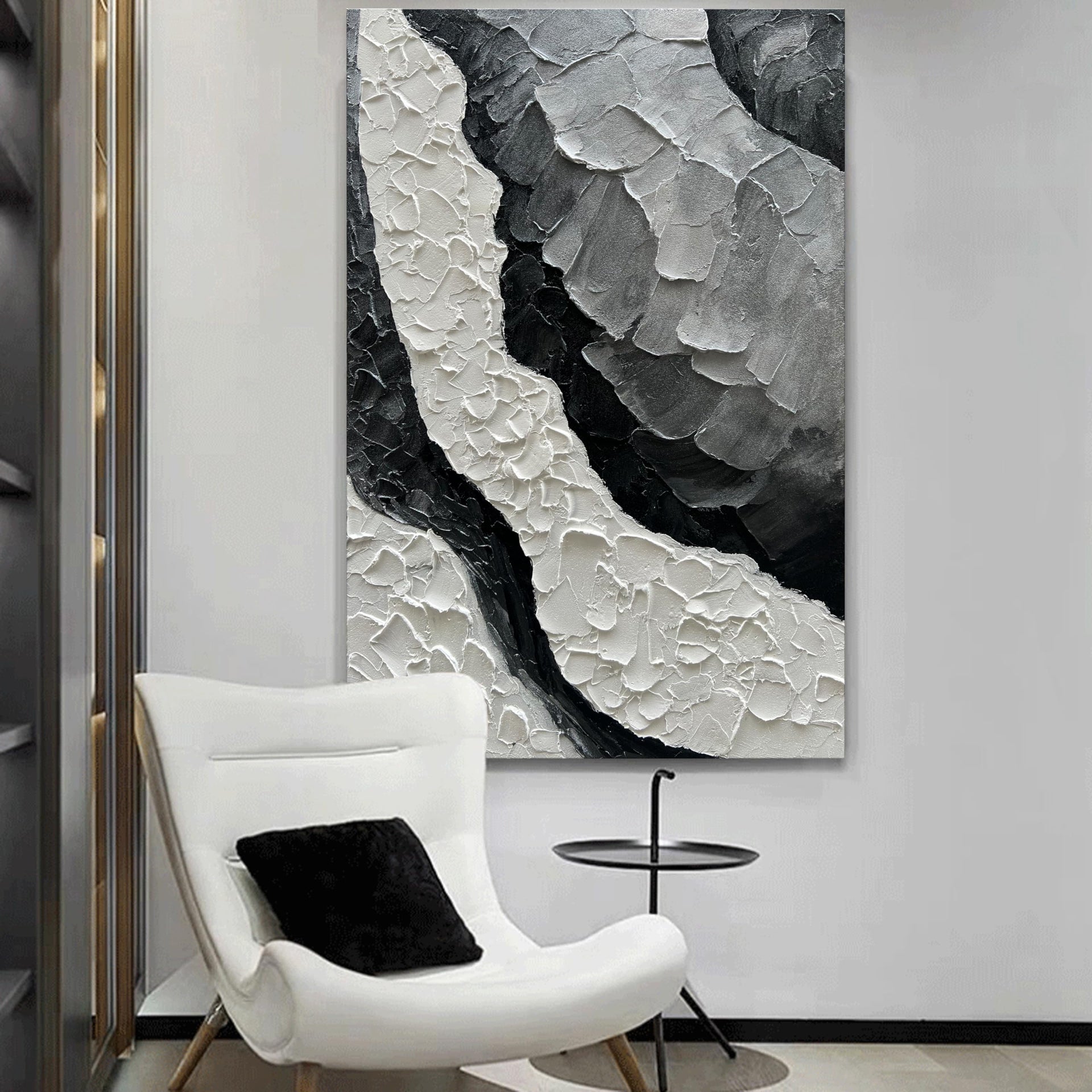 Art Hand Painted Thick Texture Black and White Minimalist Oil Painting 45x30 inch Large Office Corridor Living Room Wall Decorative Art Painting