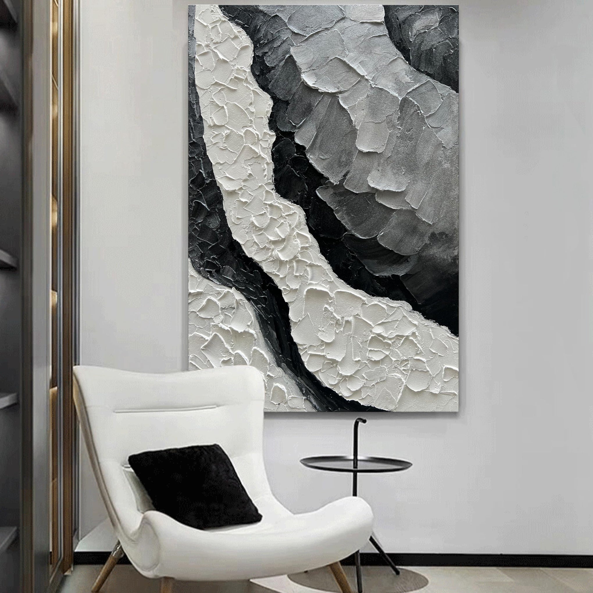 Art Hand Painted Thick Texture Black and White Minimalist Oil Painting 45x30 inch Large Office Corridor Living Room Wall Decorative Art Painting