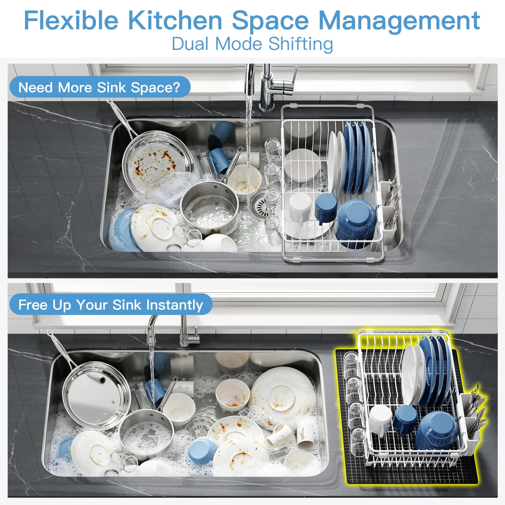 White Dish Drying Rack in Sink with Mat