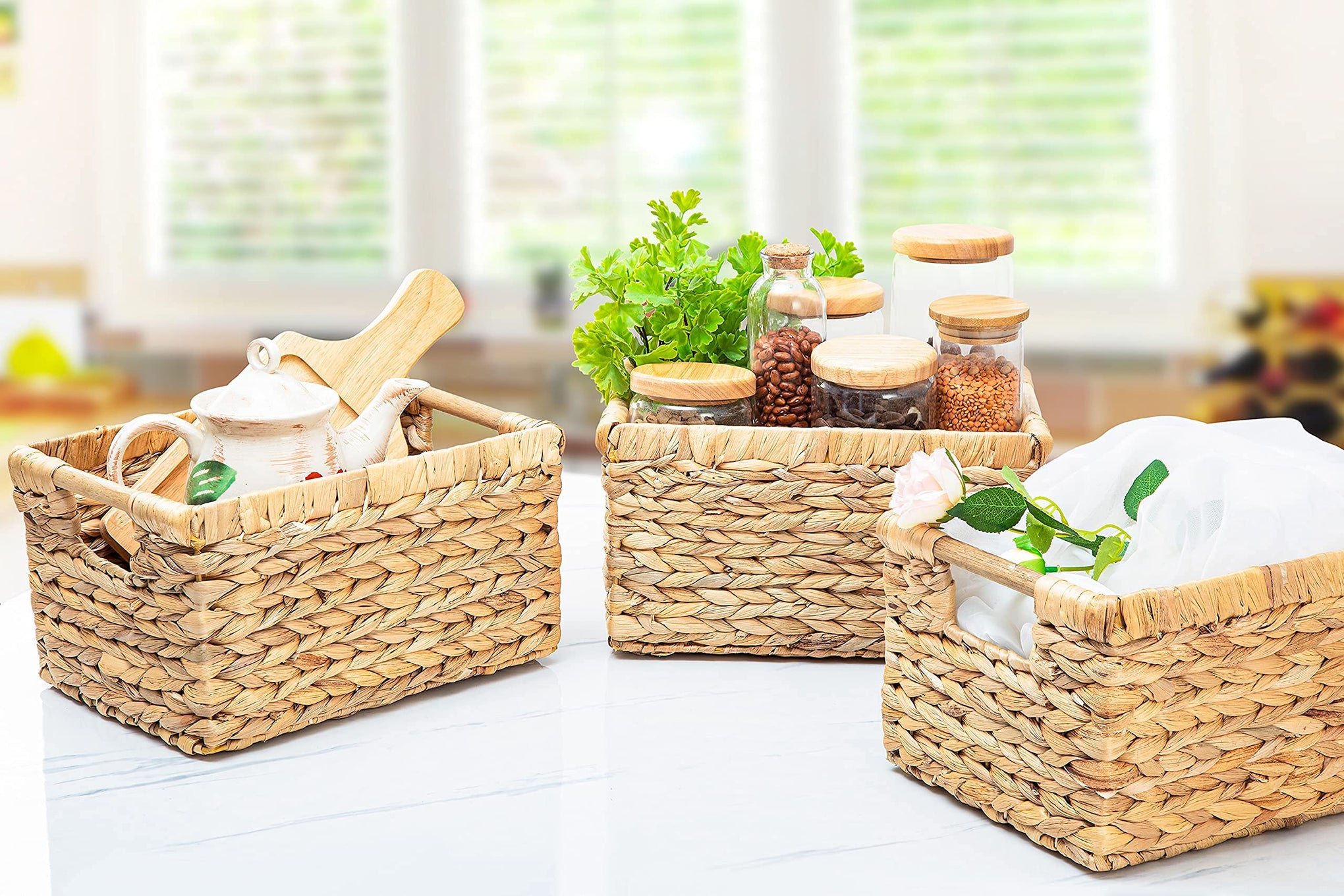 Natural Water Hyacinth storage basket with Handle (3 Count)