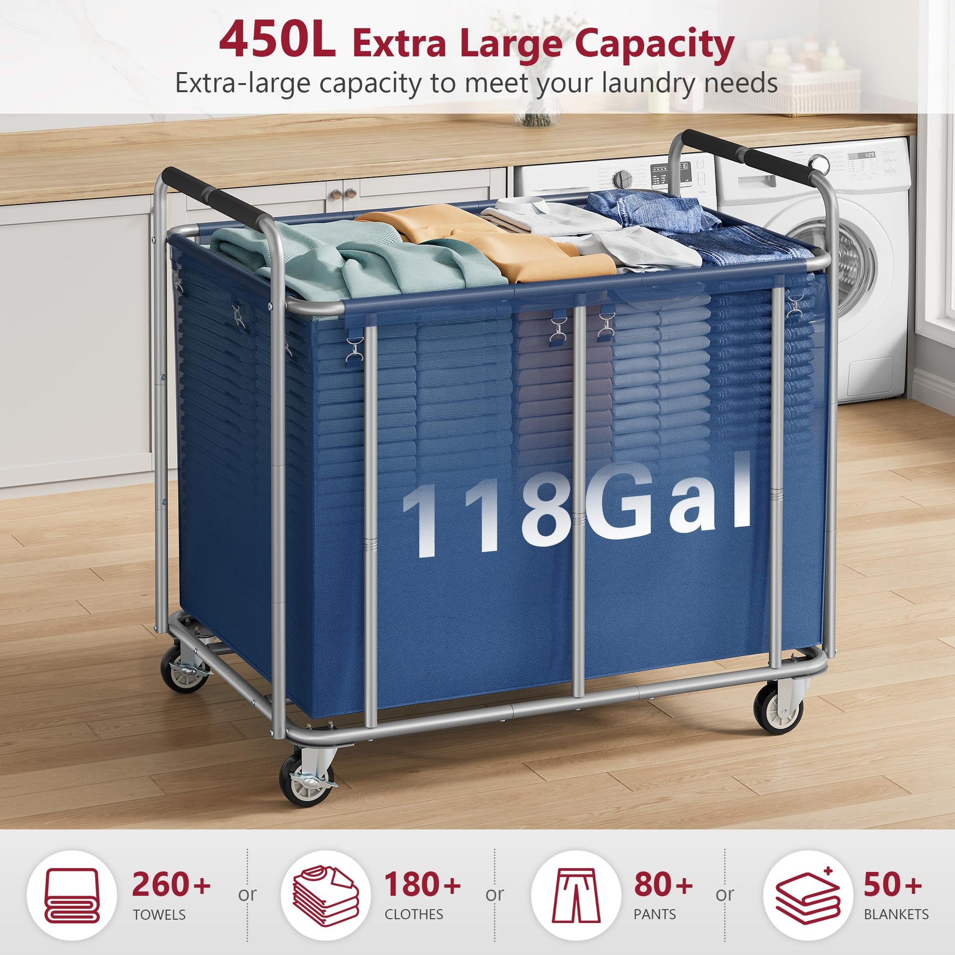 Heavy Duty Laundry Cart with Wheels 450L