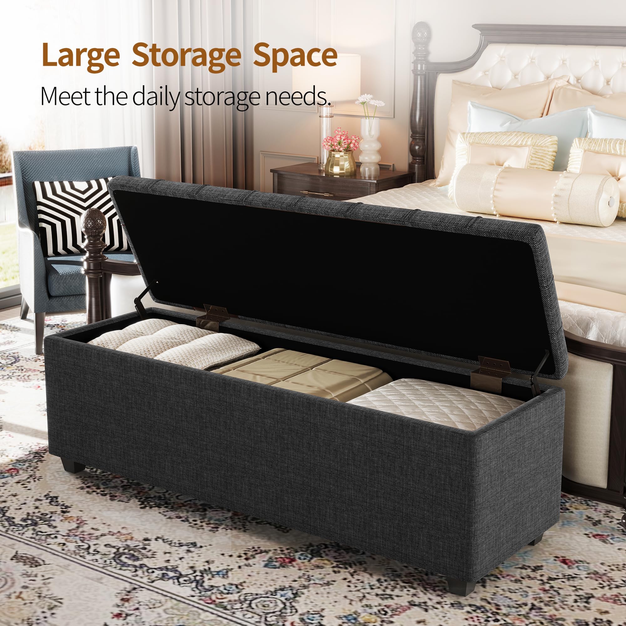 Soft Dark Grey 38" Large Storage Ottoman Bench with Hinged Lid and Footrest