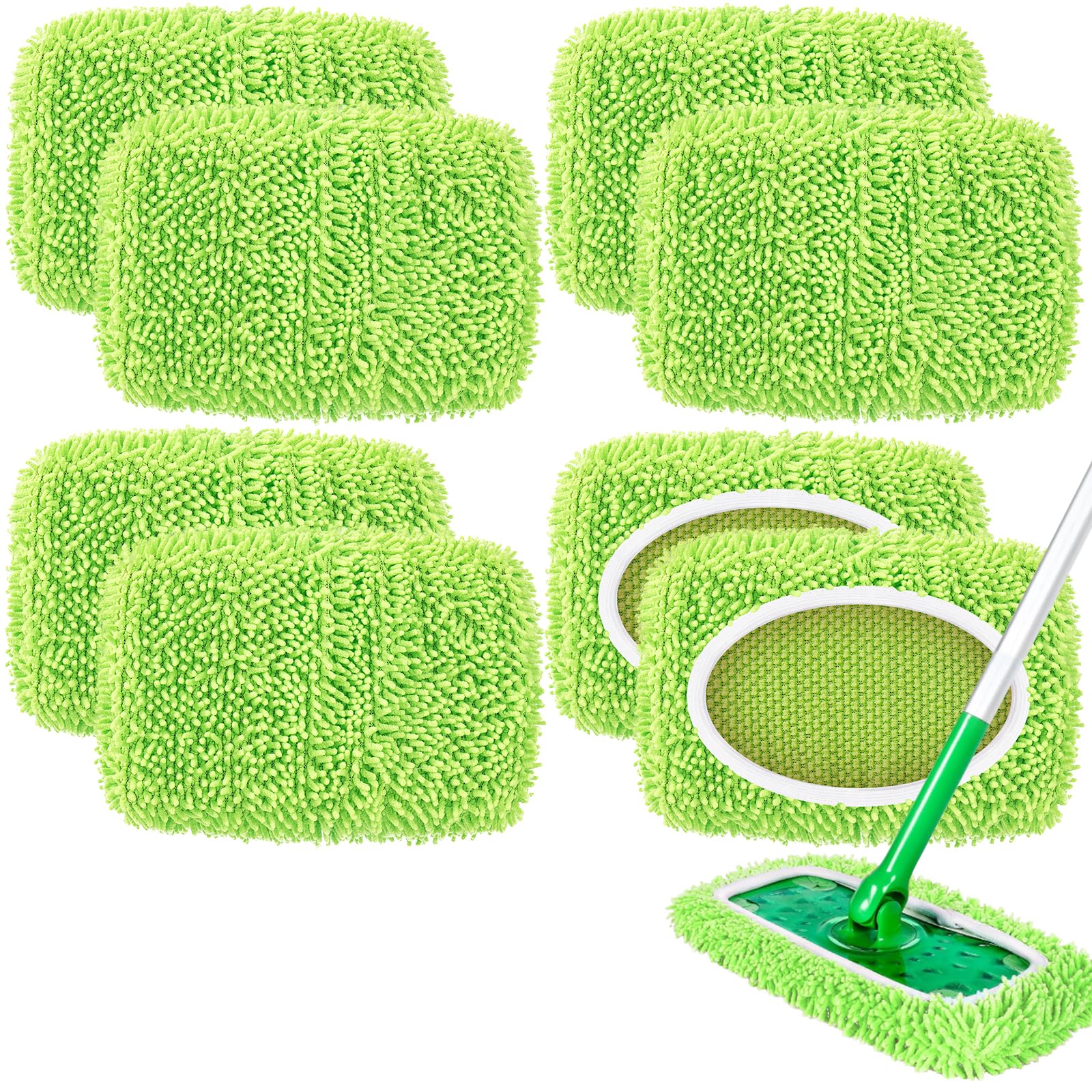 8 Pack Green Reusable Chenille Mop Pads Fit for Swiffer Sweeper (8 Count)