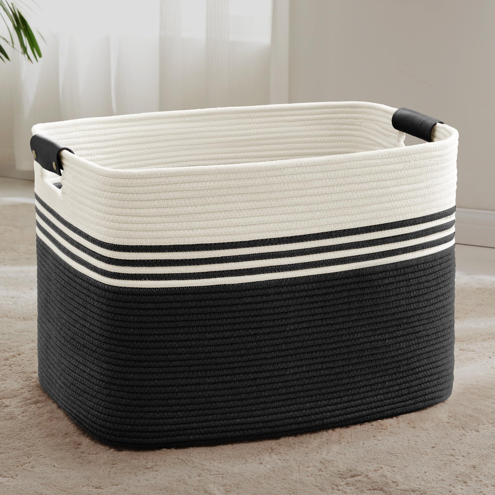 100L Large Woven Laundry Basket Hamper with Leather Handles