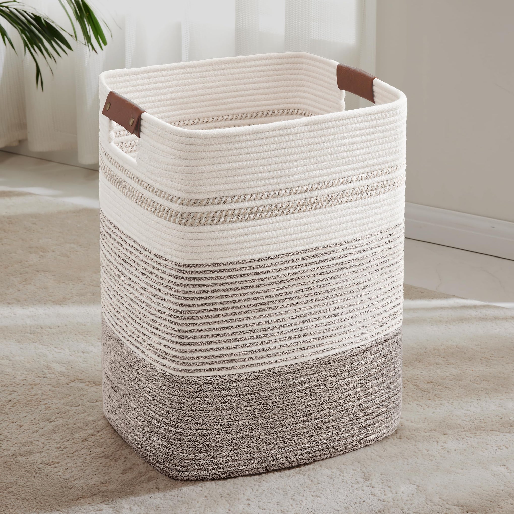 85L Tall Woven Laundry Basket Hamper with Leather Handles