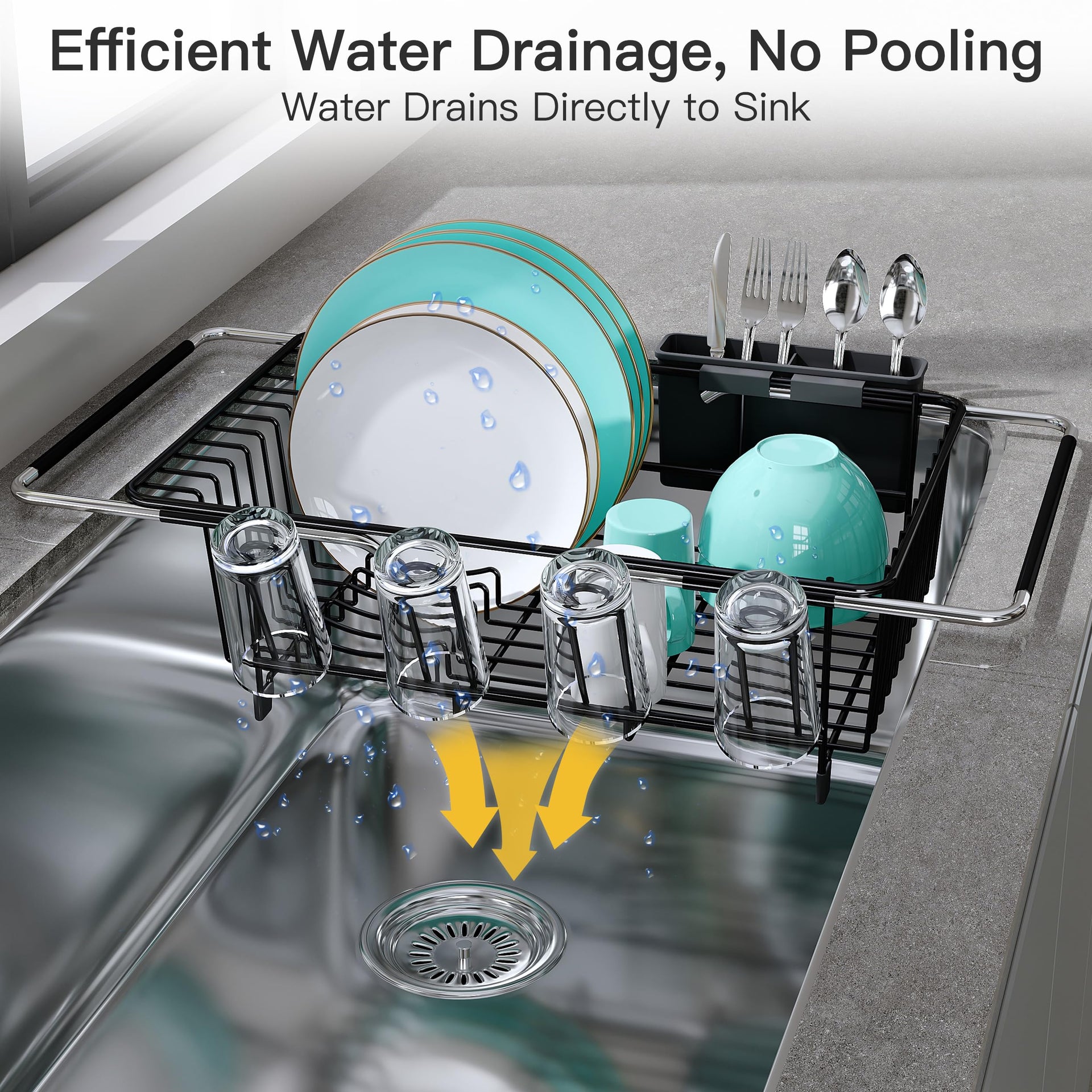 Black Dish Drying Rack in Sink with Drainboard and Utensil Holder