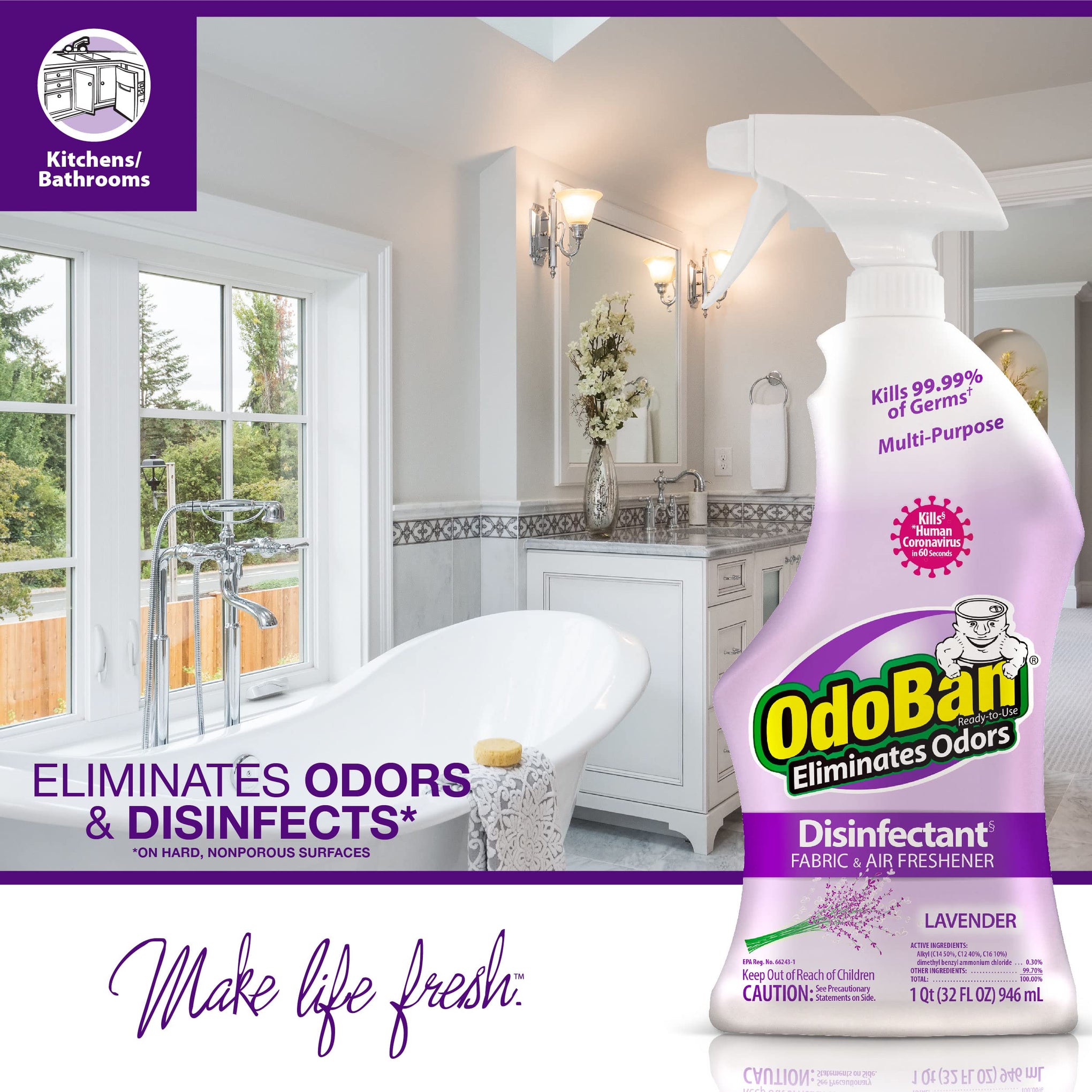 Ready-to-Use Disinfectant and Harsh Aroma Eliminator, Cleaner and Fabric/Air Freshener, Set of 2, 14.6 Ounce 360-Degree Continuous Spray and 32 Ounce Trigger Spray, Lavender Scent (46.6 Fl Oz)