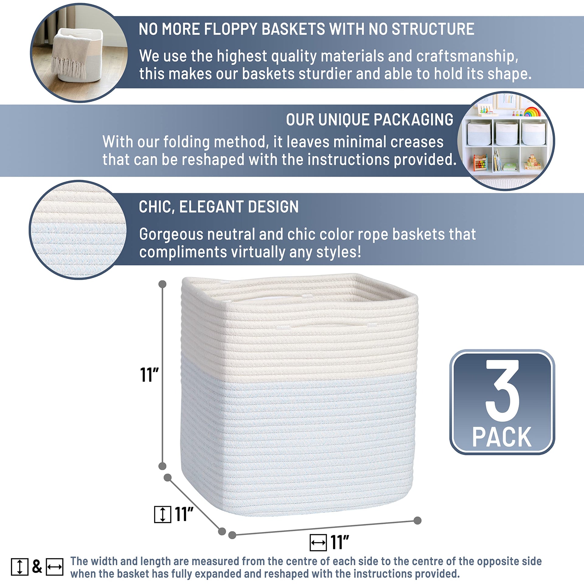 Storage Cubes 11 Inch Cotton Rope Woven Baskets for Organizing (3 Count)