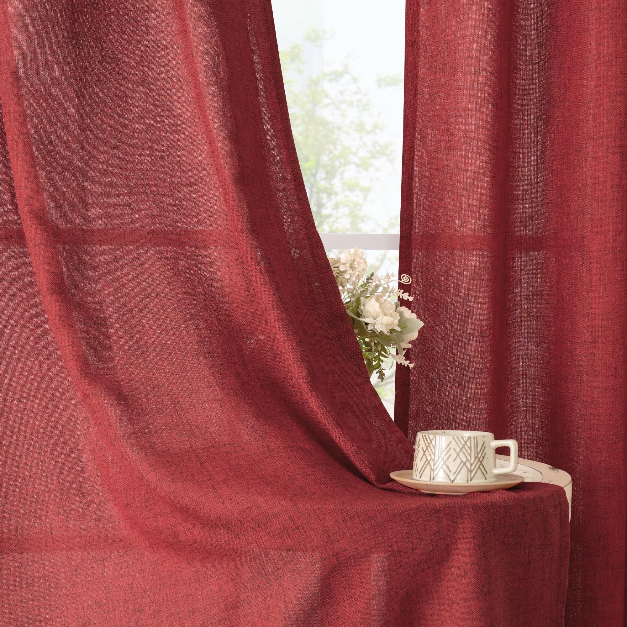 Burgundy Red Linen Kitchen Window Curtains 40 Inch Long (2 Count)
