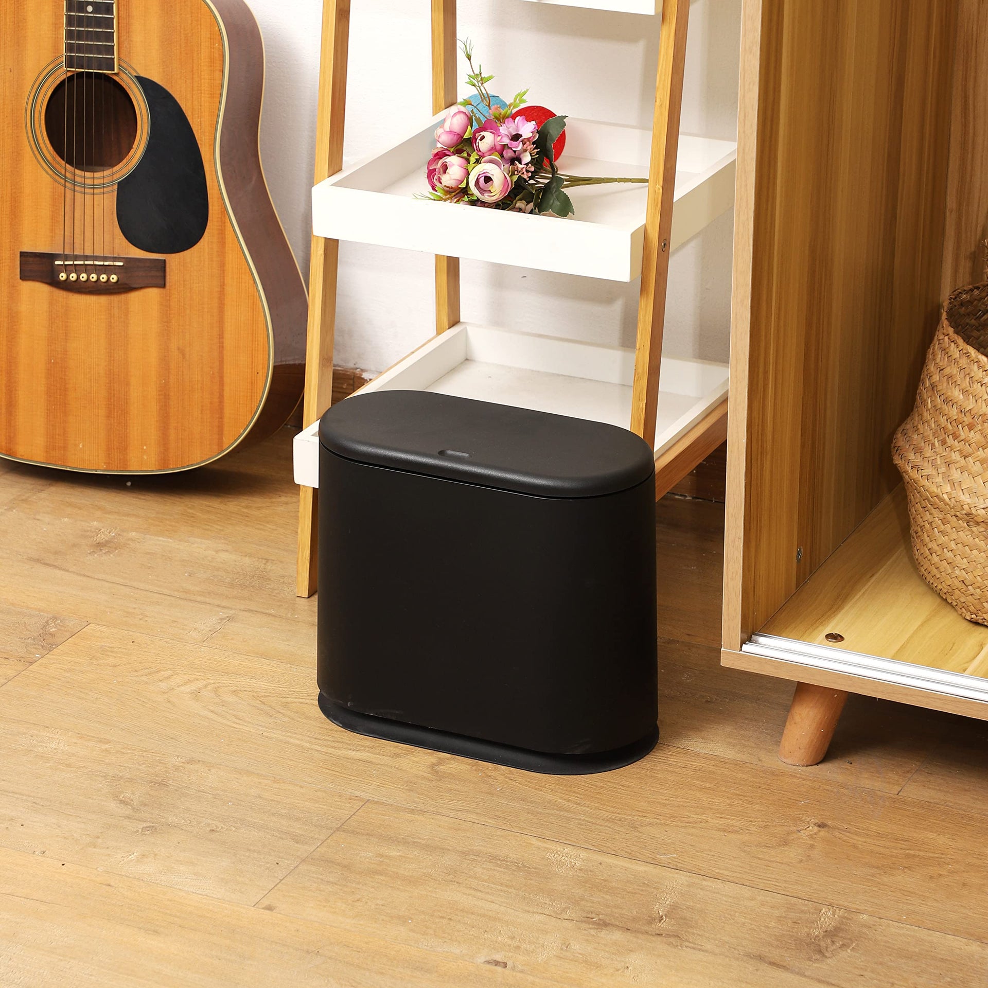 Black Slim Bathroom Trash Can with Press Top Lid