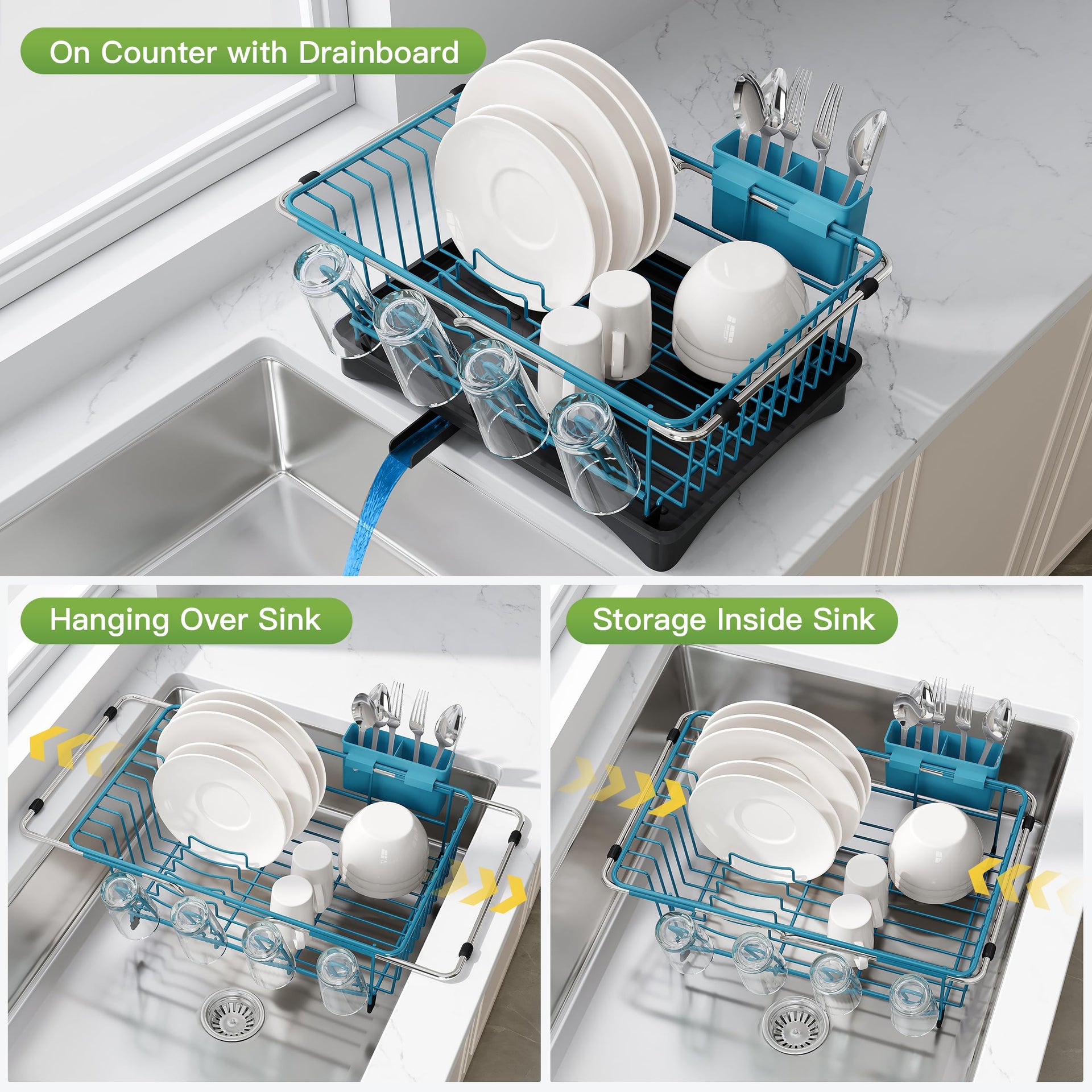 Blue Dish Drying Rack in Sink with Drainboard and Utensil Holder