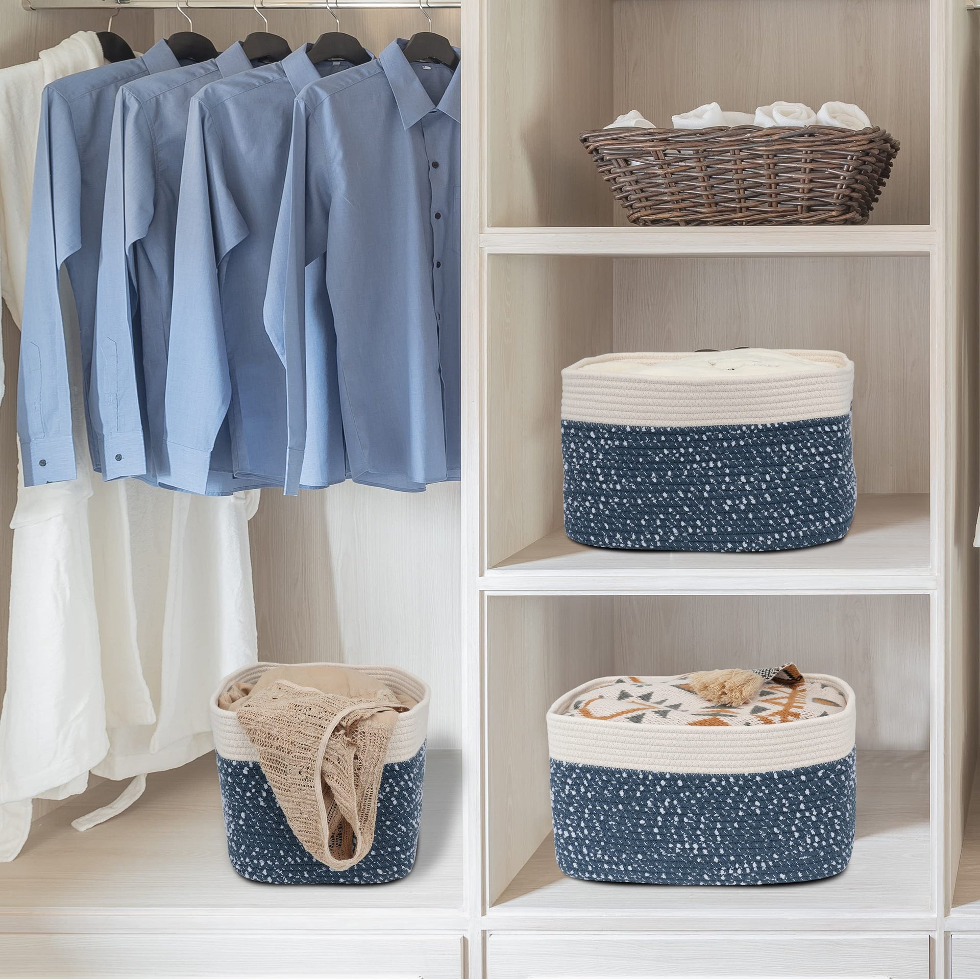 Woven Cotton Rope Storage Baskets 15x10x9.3" 3 Pack White and Blue