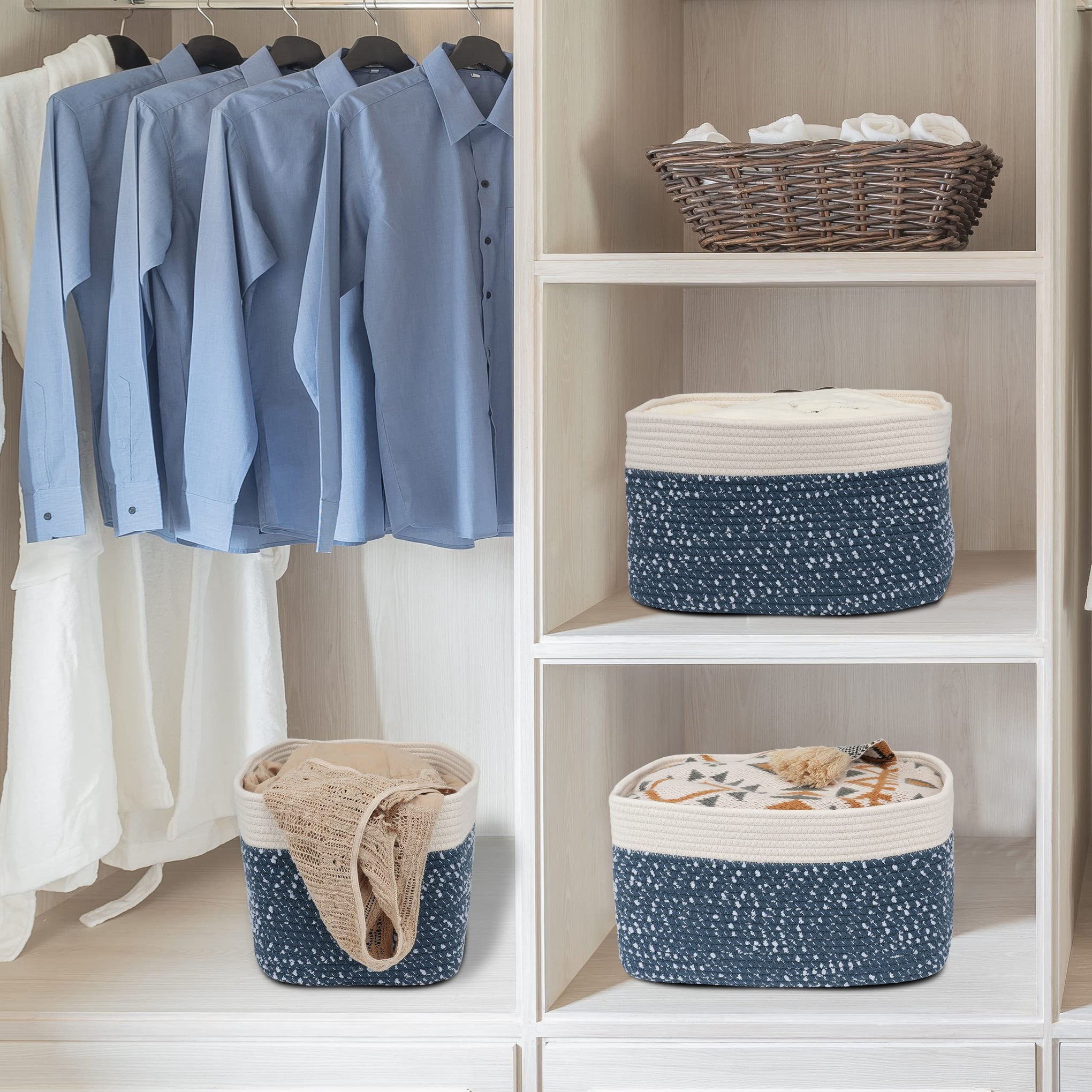 Woven Cotton Rope Storage Baskets 15x10x9.3" 3 Pack White and Blue