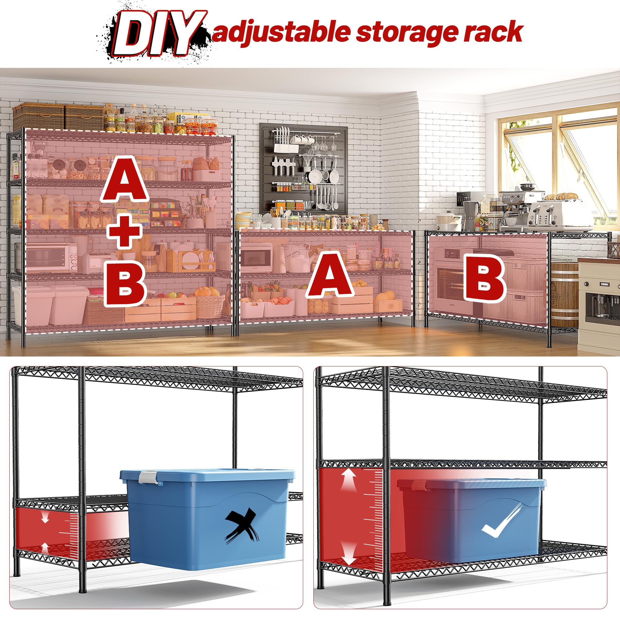 3200LBS Storage Shelves 55.5" W Garage Shelving Heavy Duty 5 Tier Adjustable Wire Shelving Unit Metal Shelving for Garage Pantry Commercial Basement