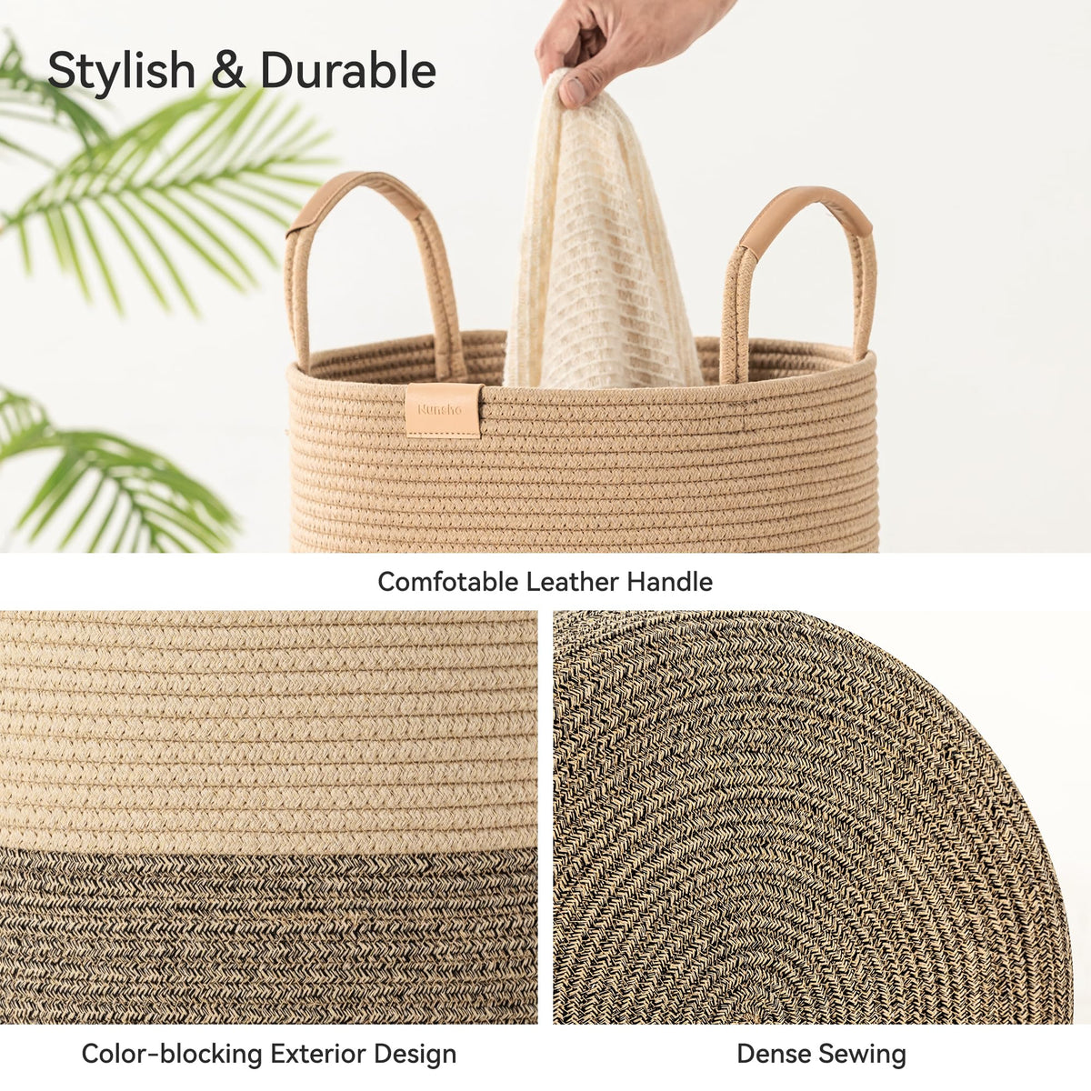 95L Striped Laundry Hamper with Leather Handles