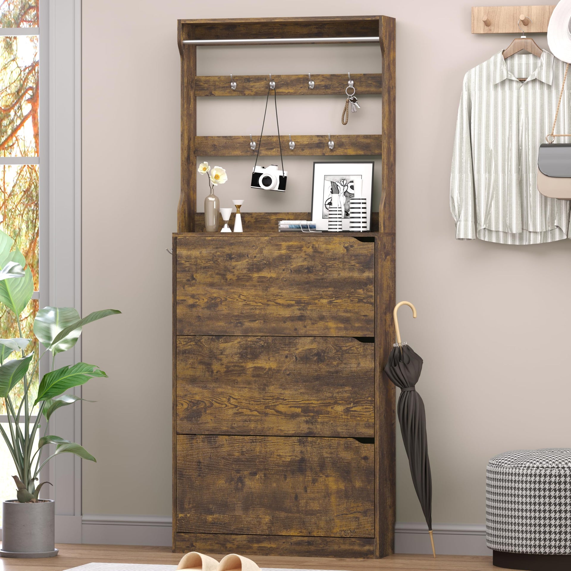 Shoe Cabinet with 3 Flip Drawers & Coat Rack