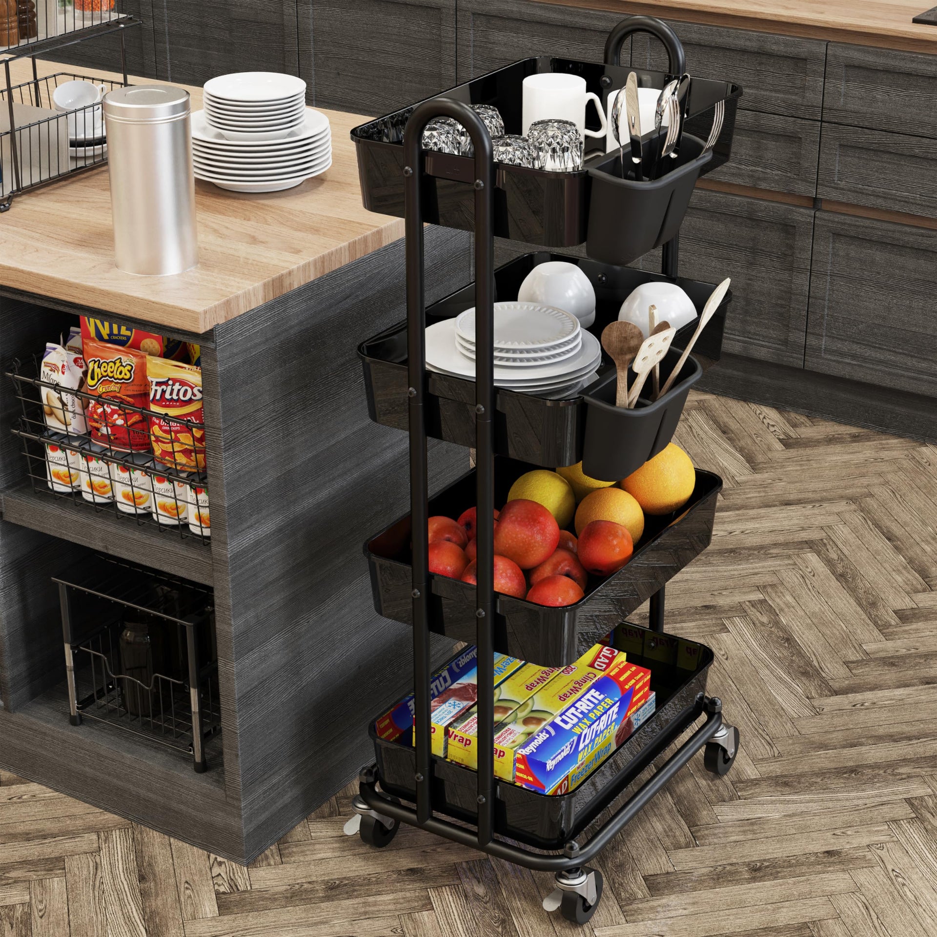 4 Tier Rolling Utility Cart with Hanging Bucket